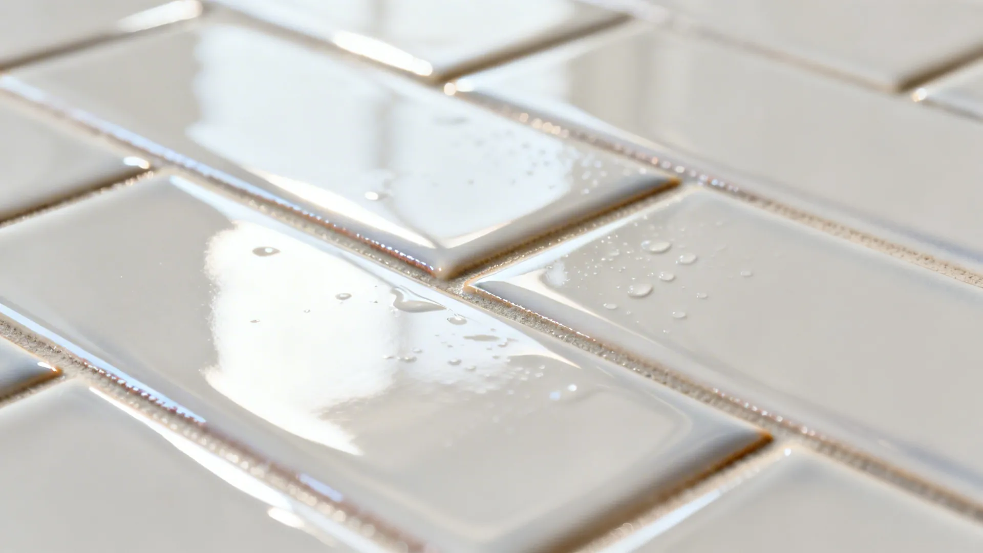Macro of glossy ceramic tile with epoxy grout and reflective glaze.