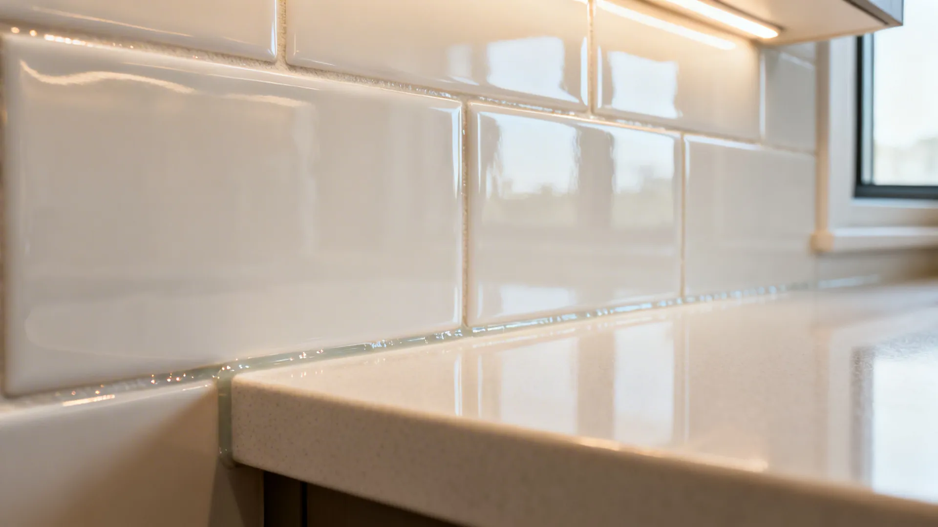 Macro view of glossy backsplash tile with epoxy grout and soft reflections.