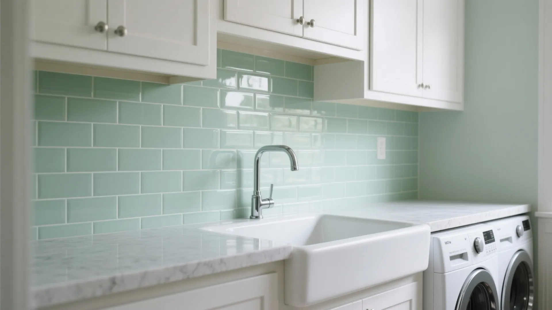 Modern laundry room featuring green subway tiles white cabinets marble countertop and a washing machine
