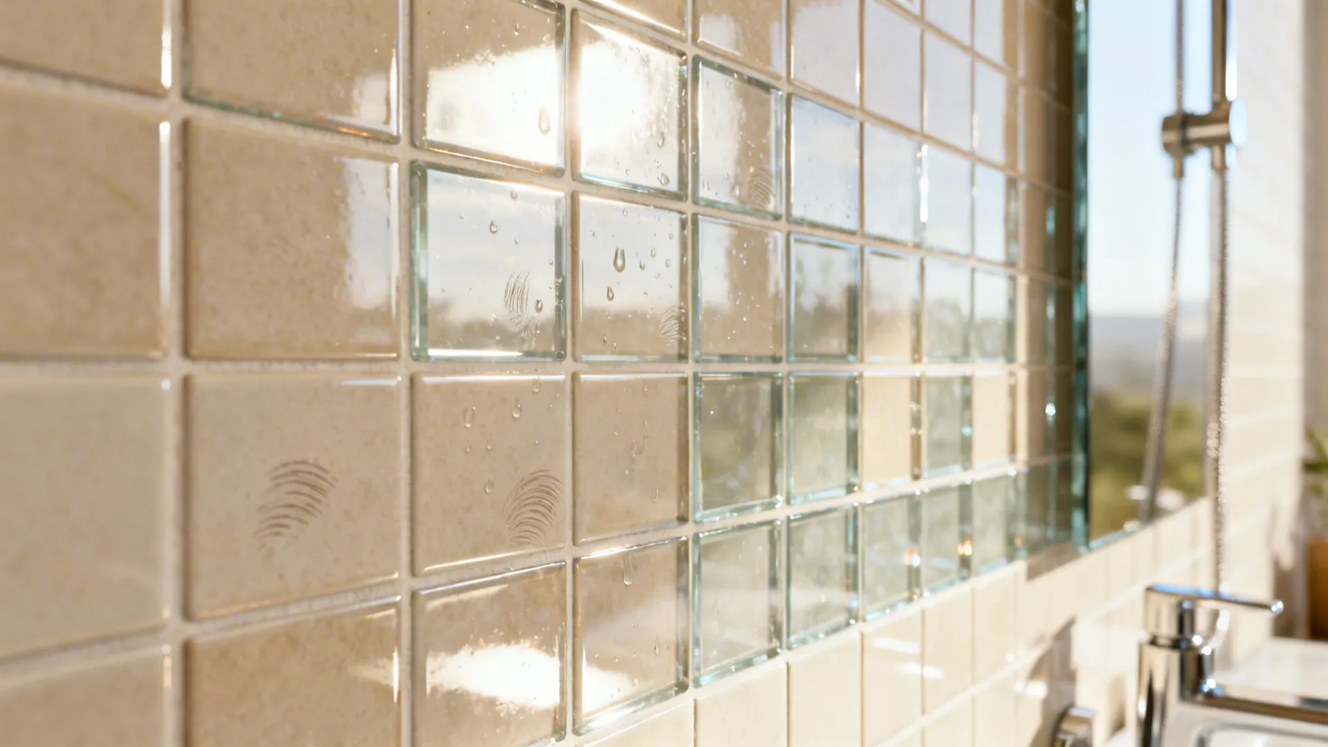 Glossy ceramic tiles and glass mosaic reflecting light in a small bathroom