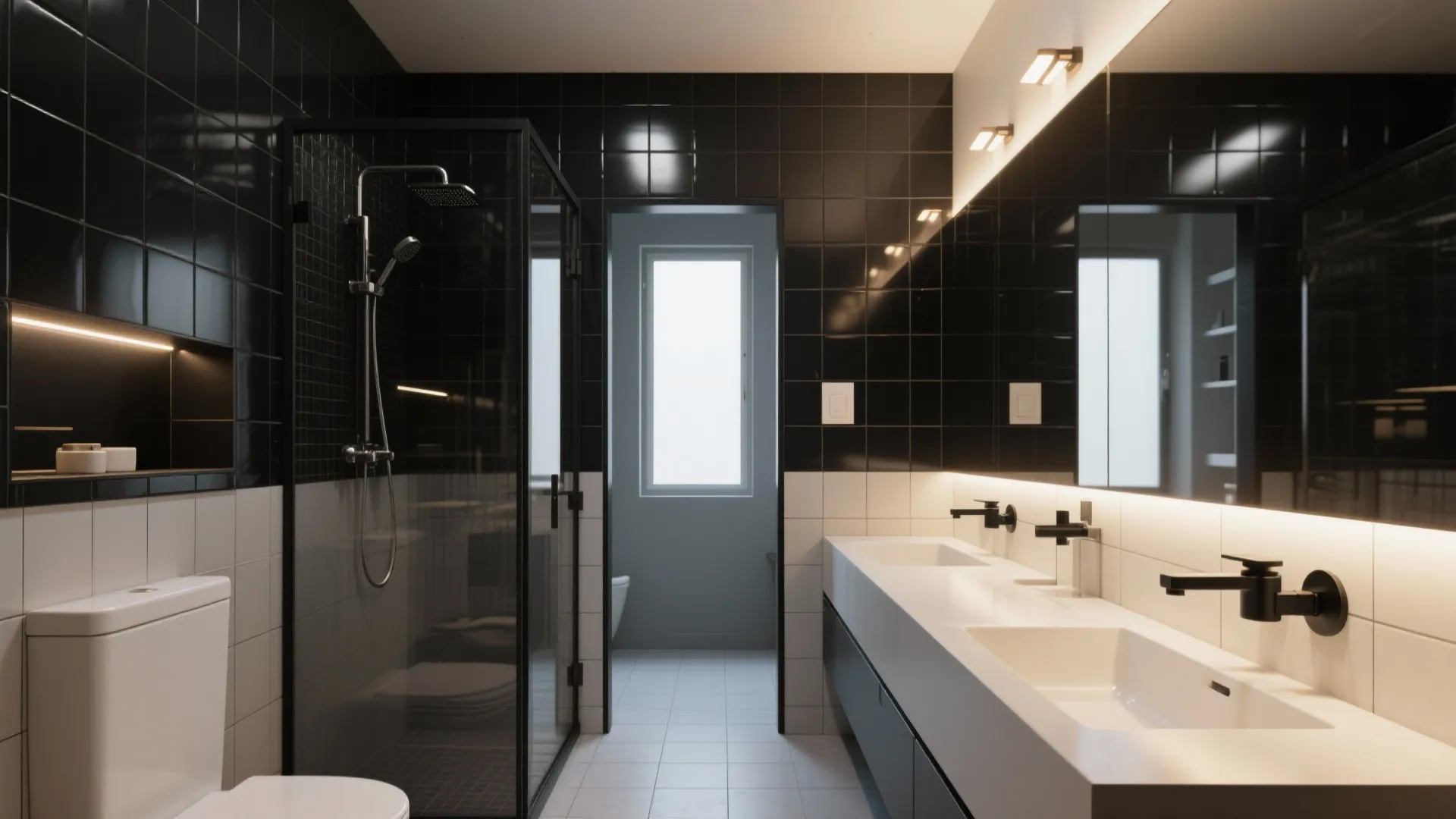 2) Glossy Tiles, Mirrors, and Smoked Glass for Airiness