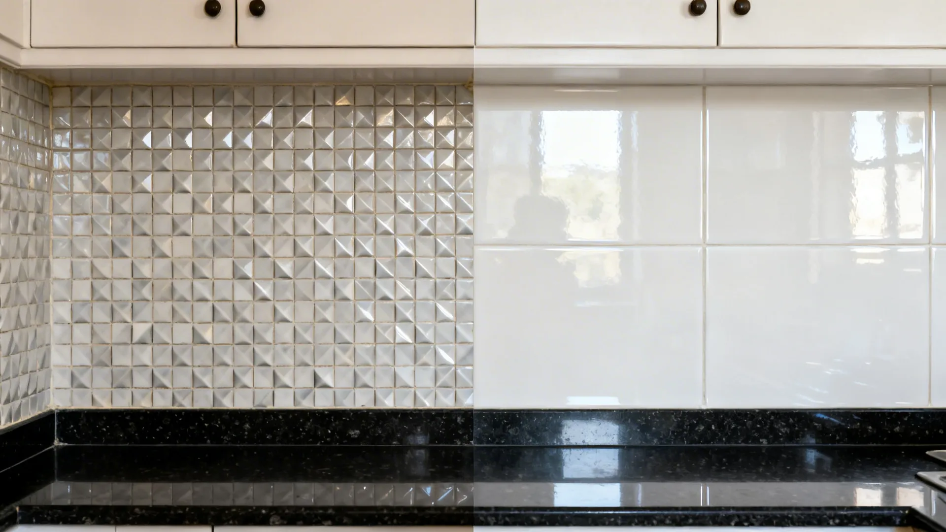Before-and-after showing small tiles replaced with large-format glossy off-white slabs that brighten a compact kitchen.