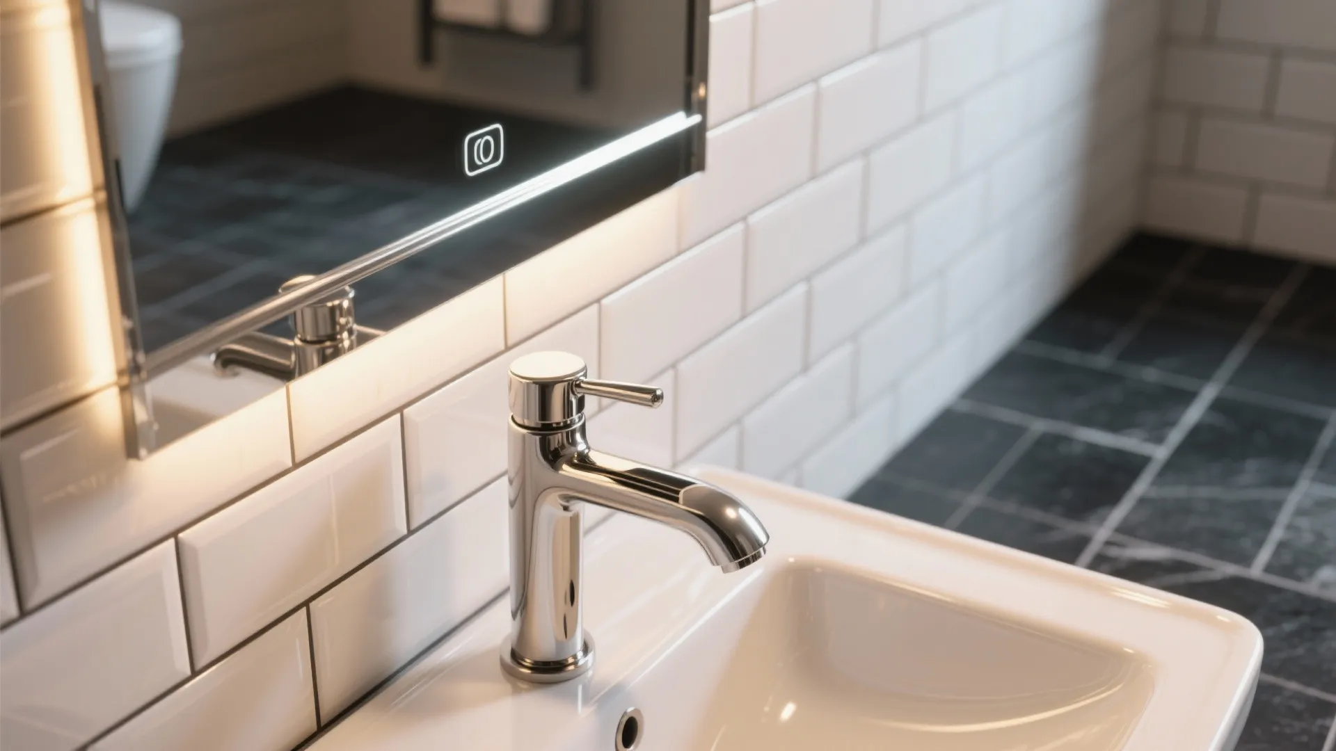 Close-up of glossy subway tiles, chrome faucet and mirrored cabinet reflecting light above a dark floor.