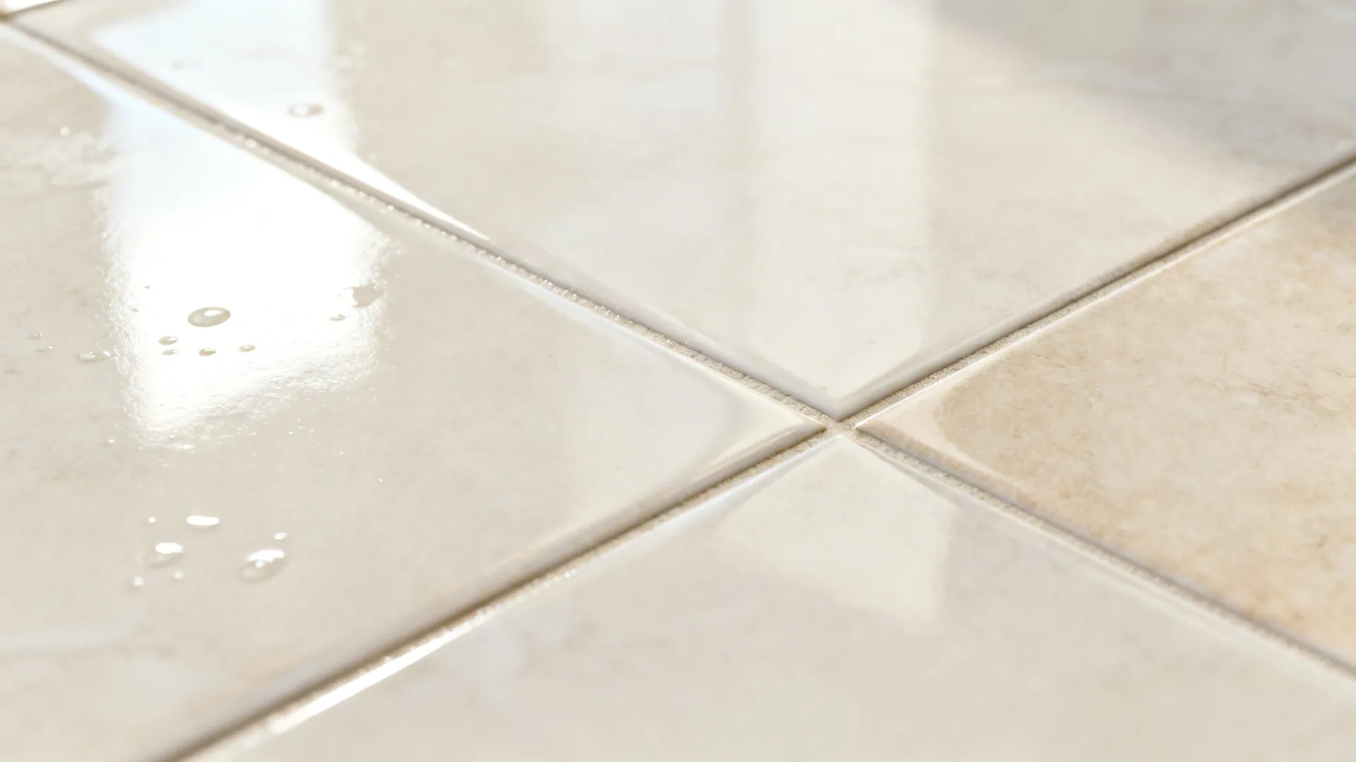 Glossy light-colored large-format porcelain tiles with minimal grout lines in a small bathroom.