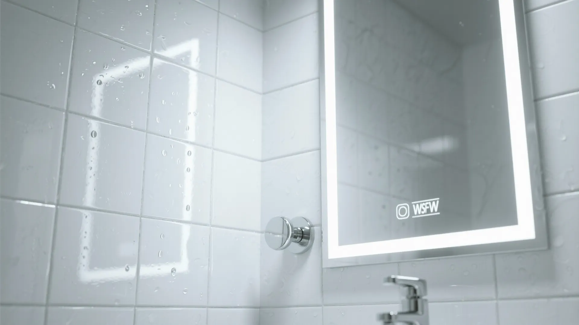 Glossy white tiles with chrome fixtures and mirrored cabinet reflecting light in a small bathroom
