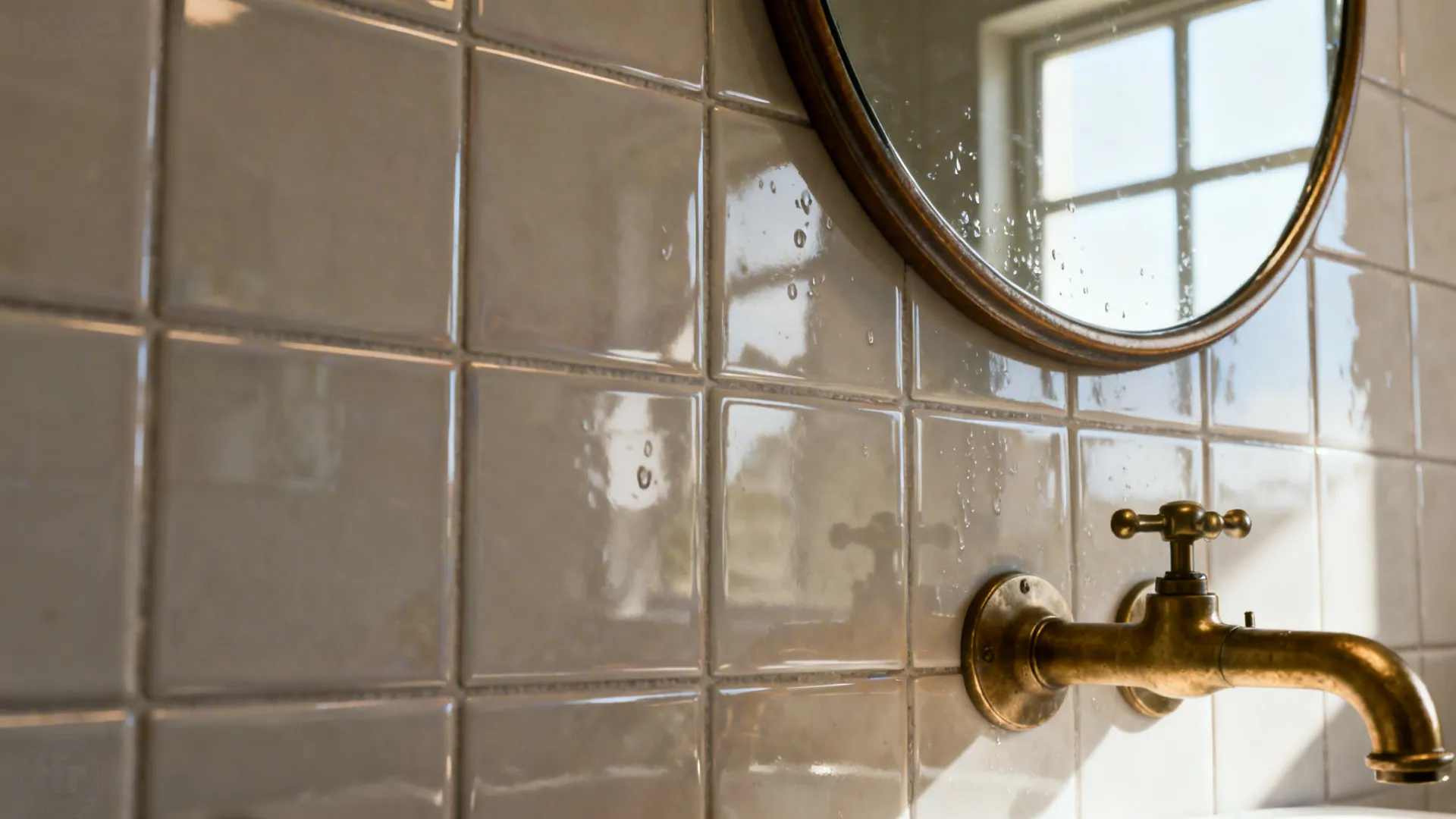 Glossy ceramic tiles reflecting mirror and fixtures in a small powder room.