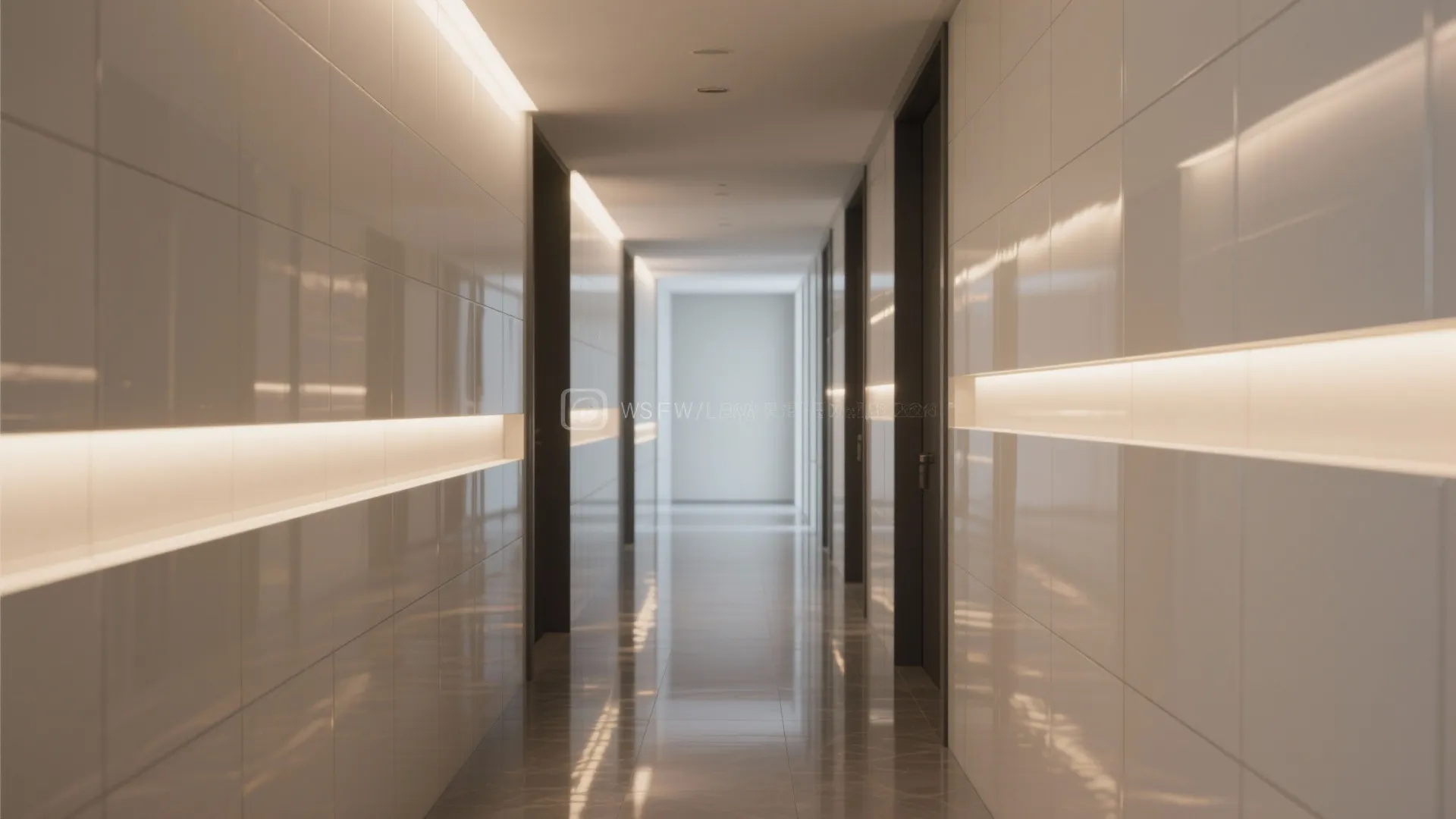 Glossy hall wall tiles glow under slim LED wall wash lighting for added brightness.