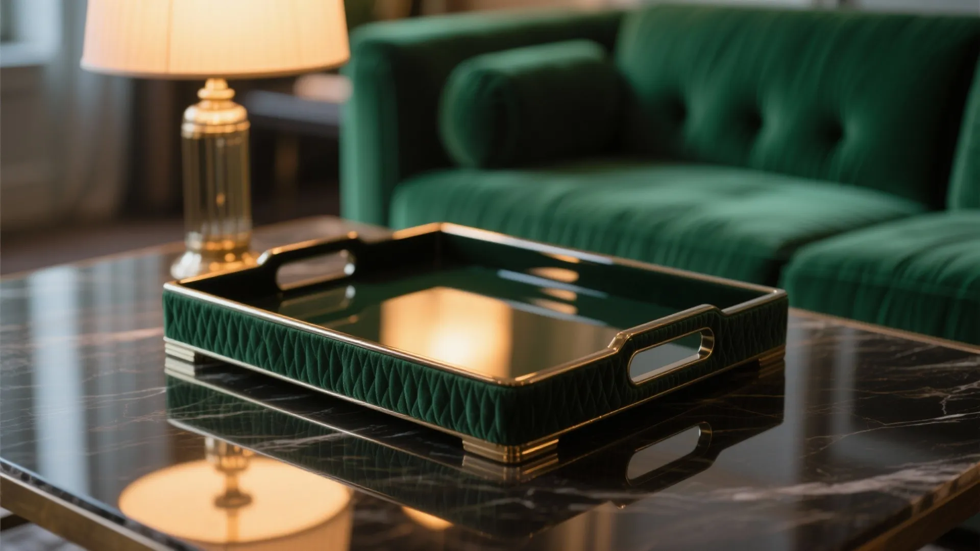 Dark green tray with gold handles on black marble coffee table in a living room