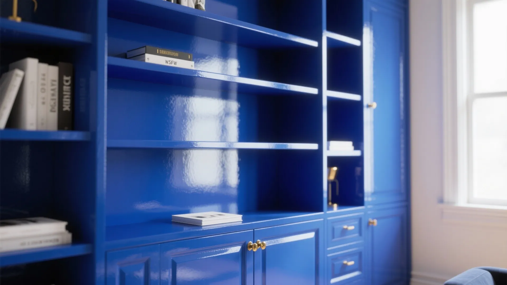 Close up of a shiny blue cabinet with gold handles and books on the open shelves