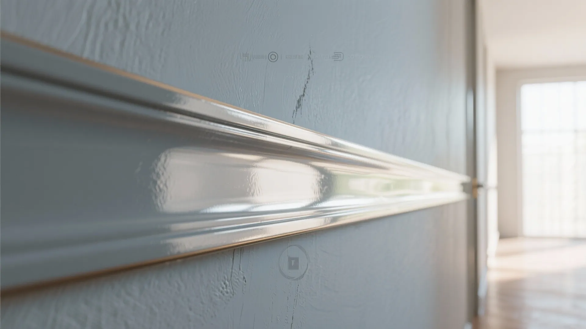 Close up view of glossy light blue wall trim decoration on a textured grey wall