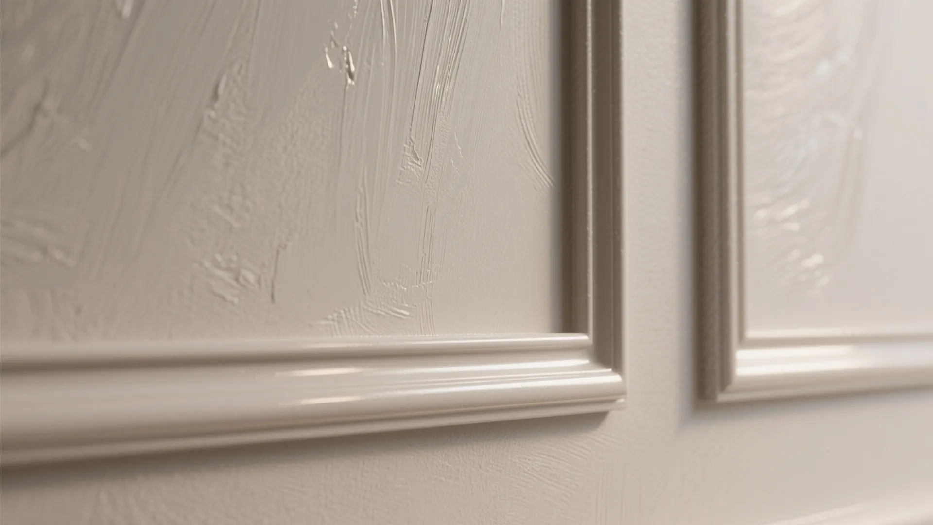 Close up of beige wall panel with smooth molding and textured paint finish in room