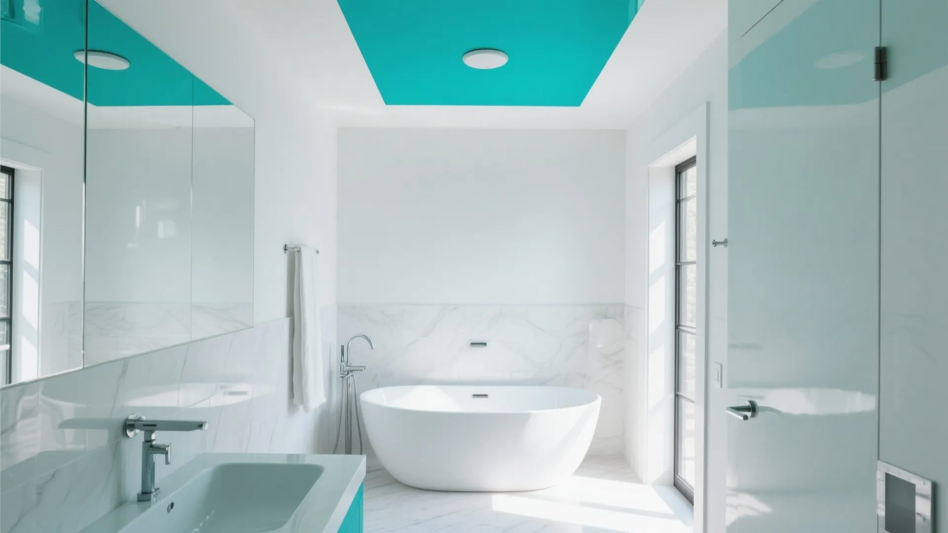 Modern white bathroom with turquoise ceiling panel marble wall large bathtub and bright natural light