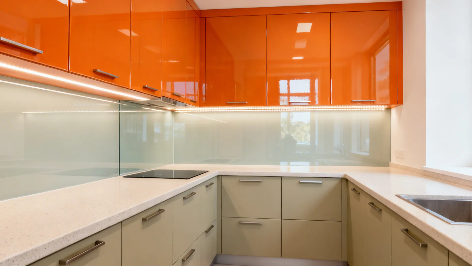 Glossy orange upper cabinets reflect light above matte greige lowers in a compact galley kitchen.