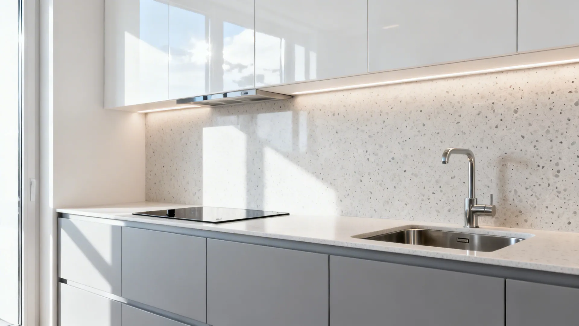 Minimalist kitchen featuring glossy white upper cabinets grey base cabinets stone backsplash sink and stovetop