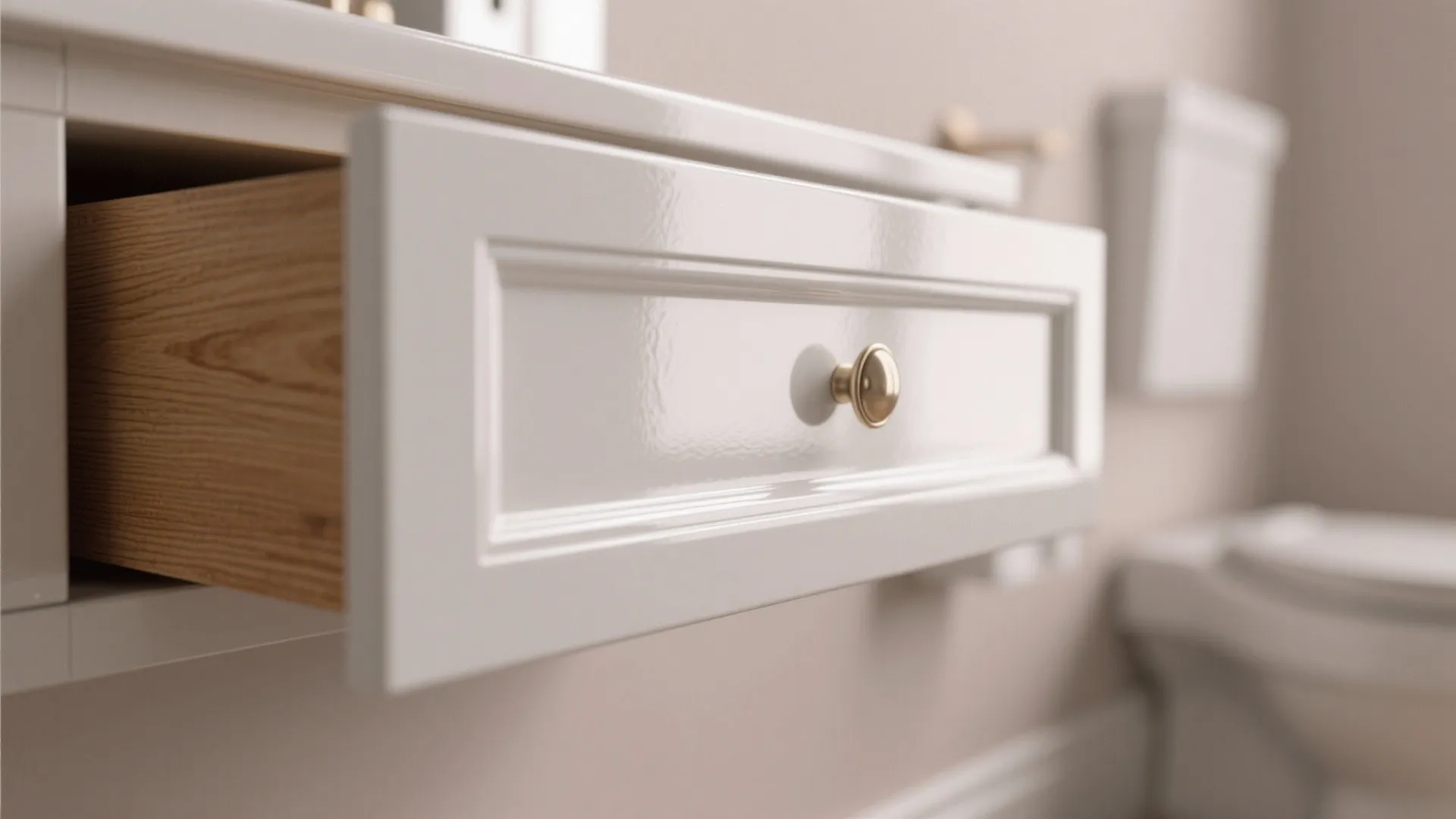 White glossy bathroom drawer with gold knob and wood interior in a bright modern room