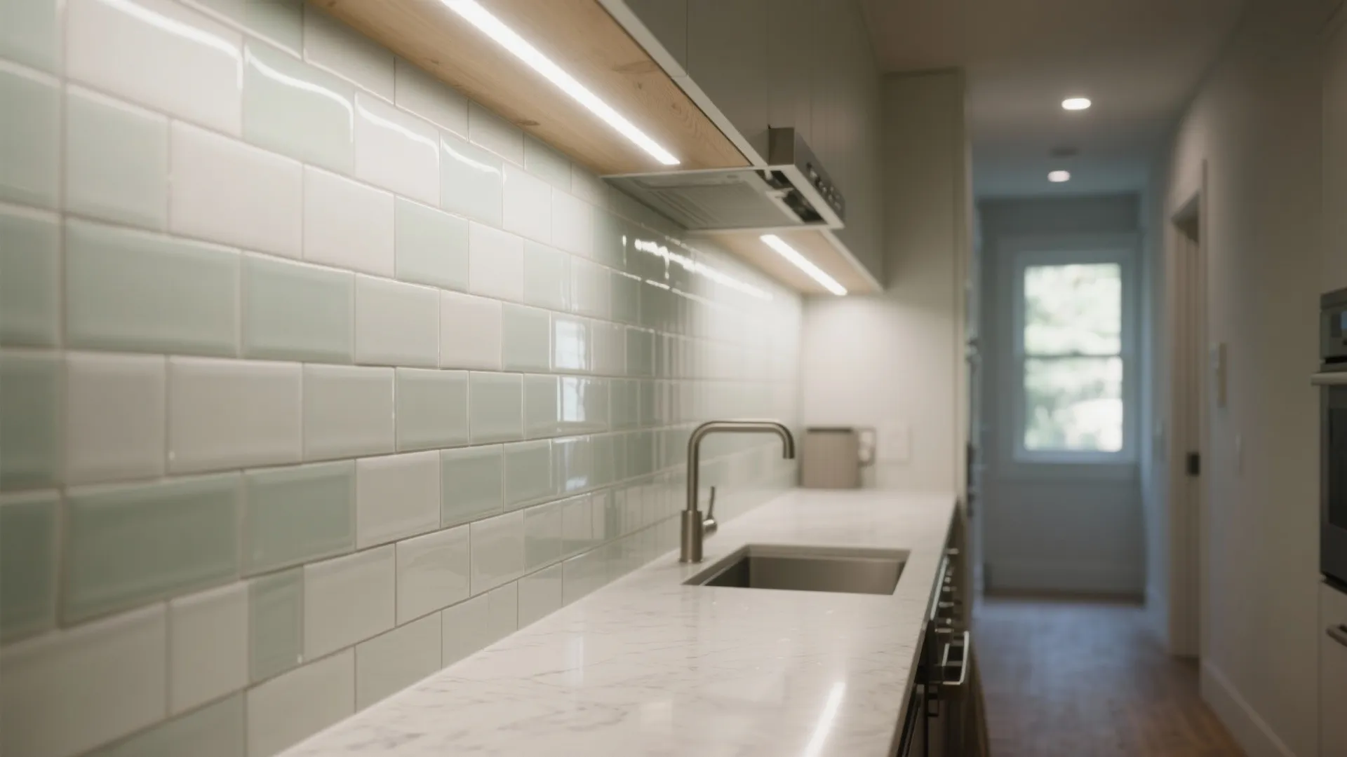 Glossy vertical stacked ceramic finger tiles reflect task lighting in a galley kitchen.