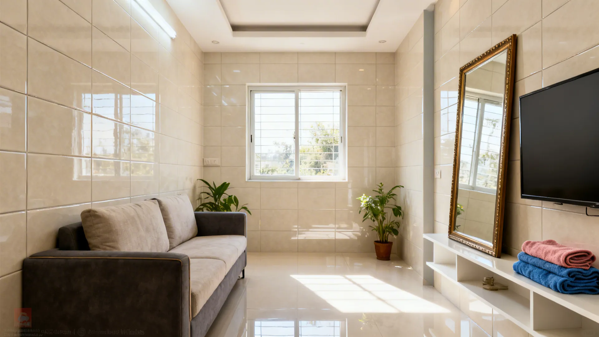 Bright room with glossy wall tiles grey sofa gold frame mirror and small window with light