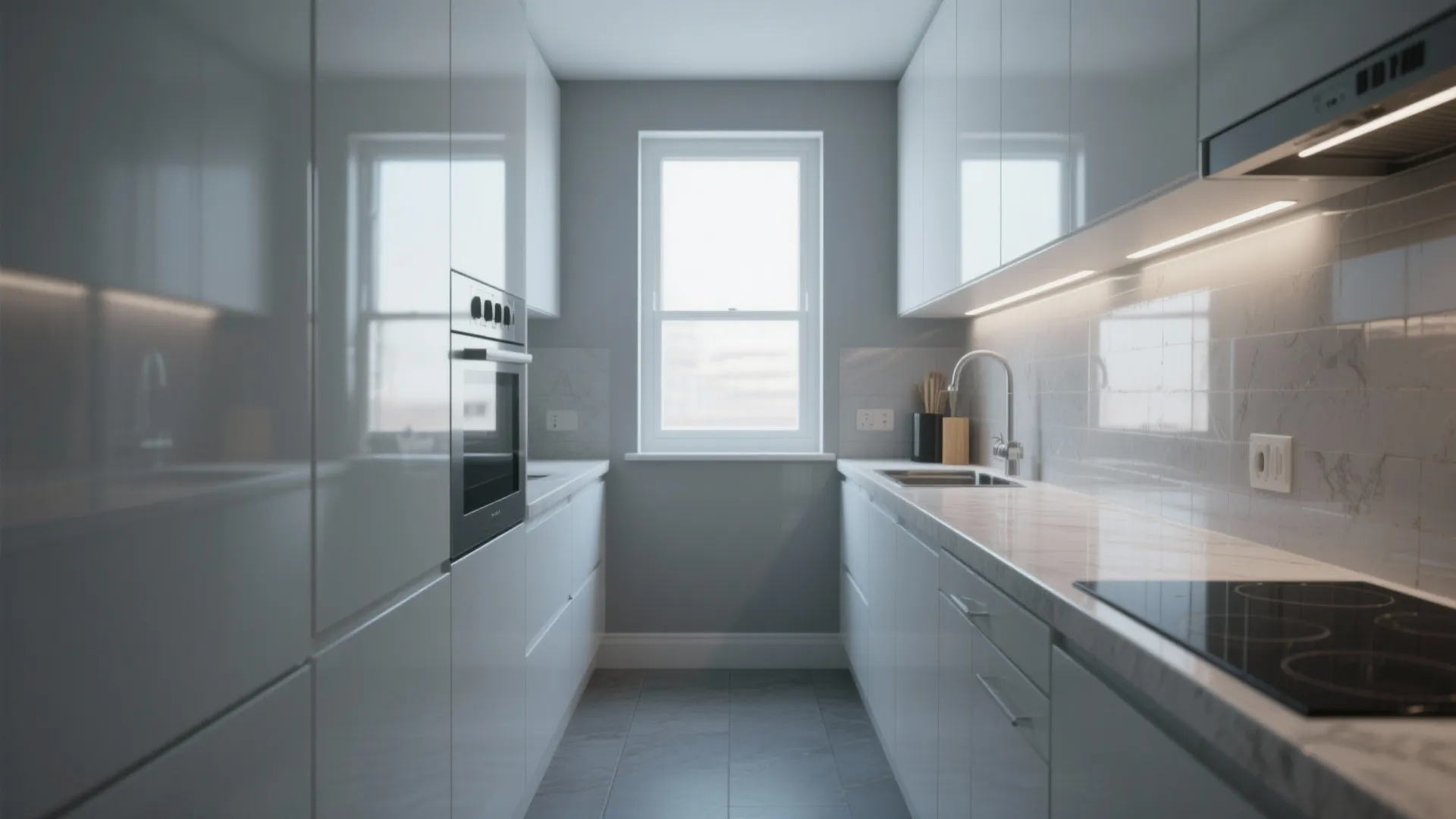 2. Matte gray walls with glossy white cabinets for depth