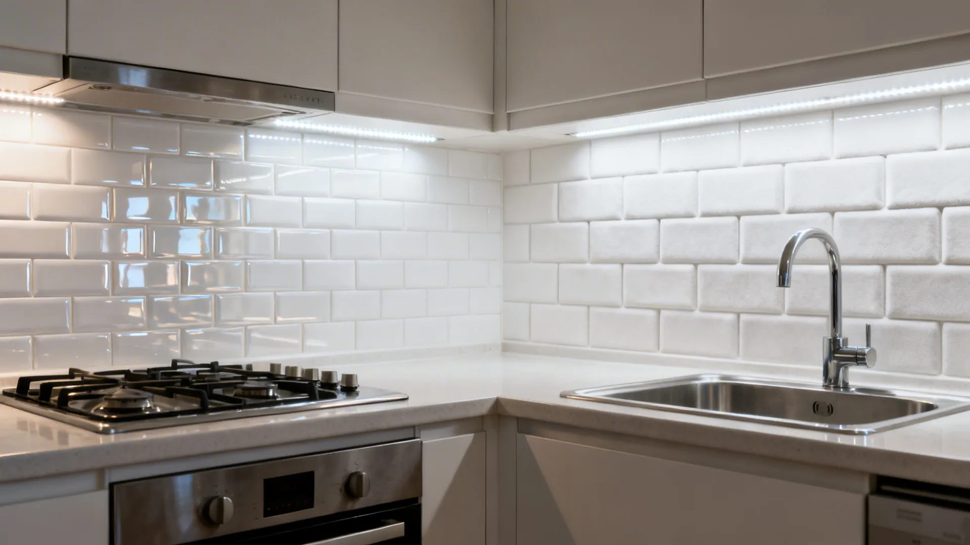 Side-by-side glossy and matte white subway tile finishes showing light reflection and texture differences.