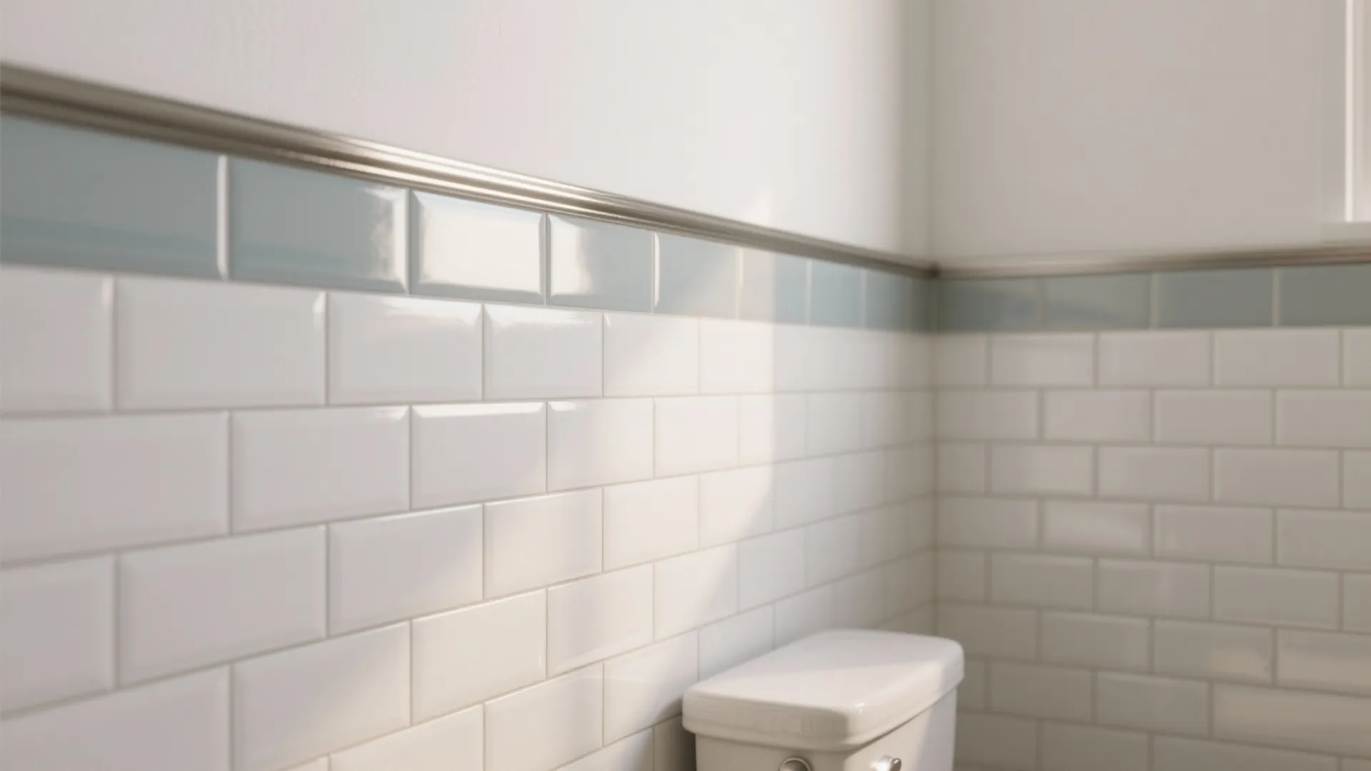 Close up of glossy white and blue wall tiles with a metal trim in a bathroom