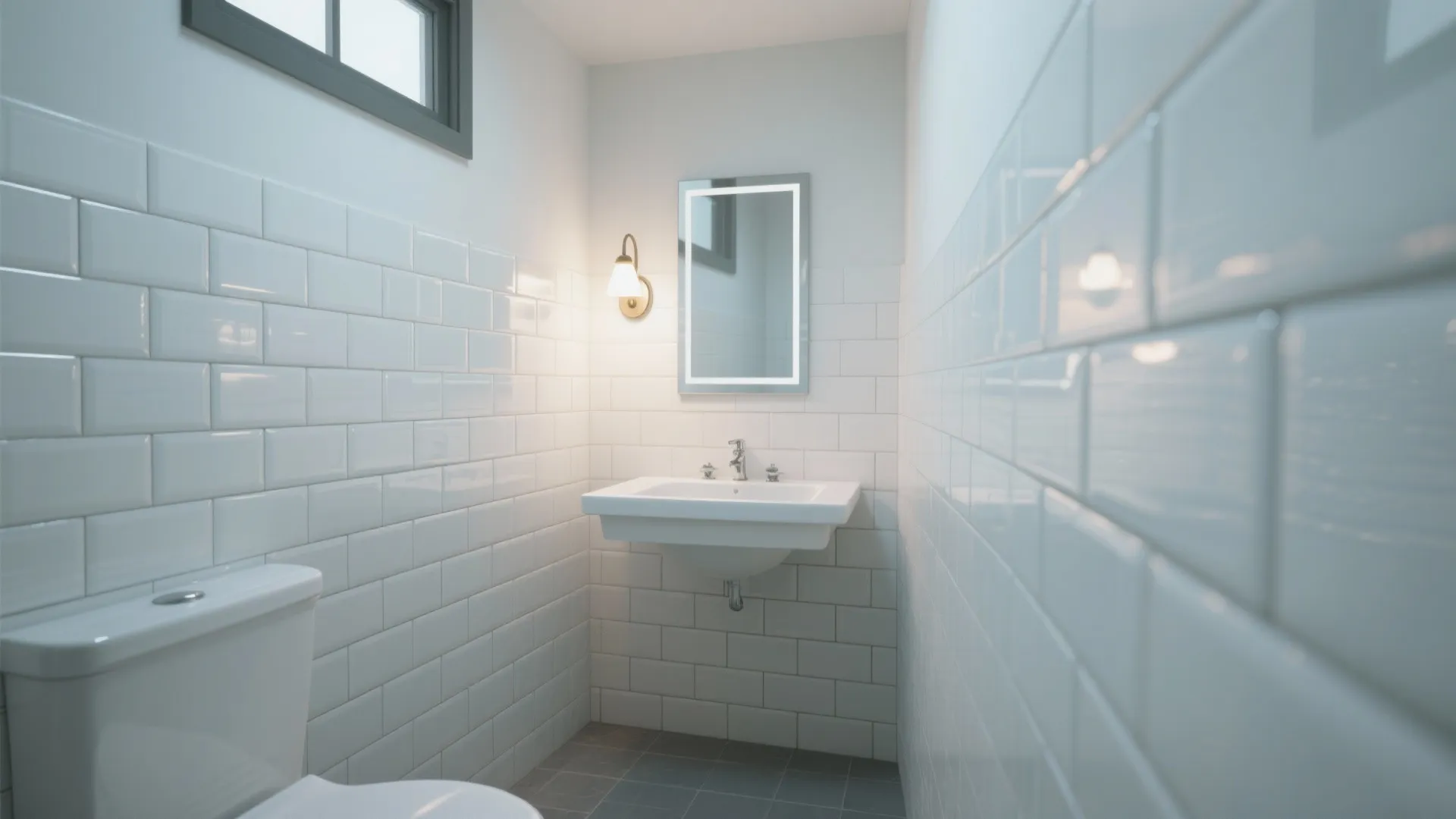 Modern white bathroom with subway wall tiles, floating sink, lighted mirror, toilet, and wall light