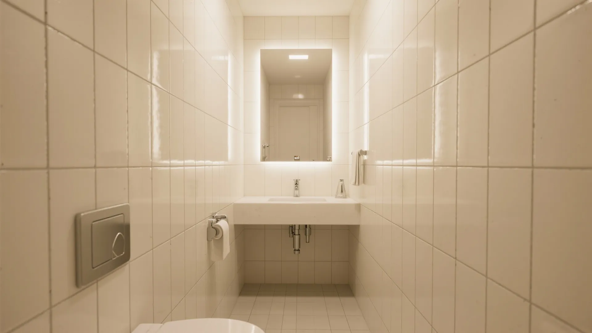 Glossy off-white wall tiles and a large mirror brighten a small bathroom.