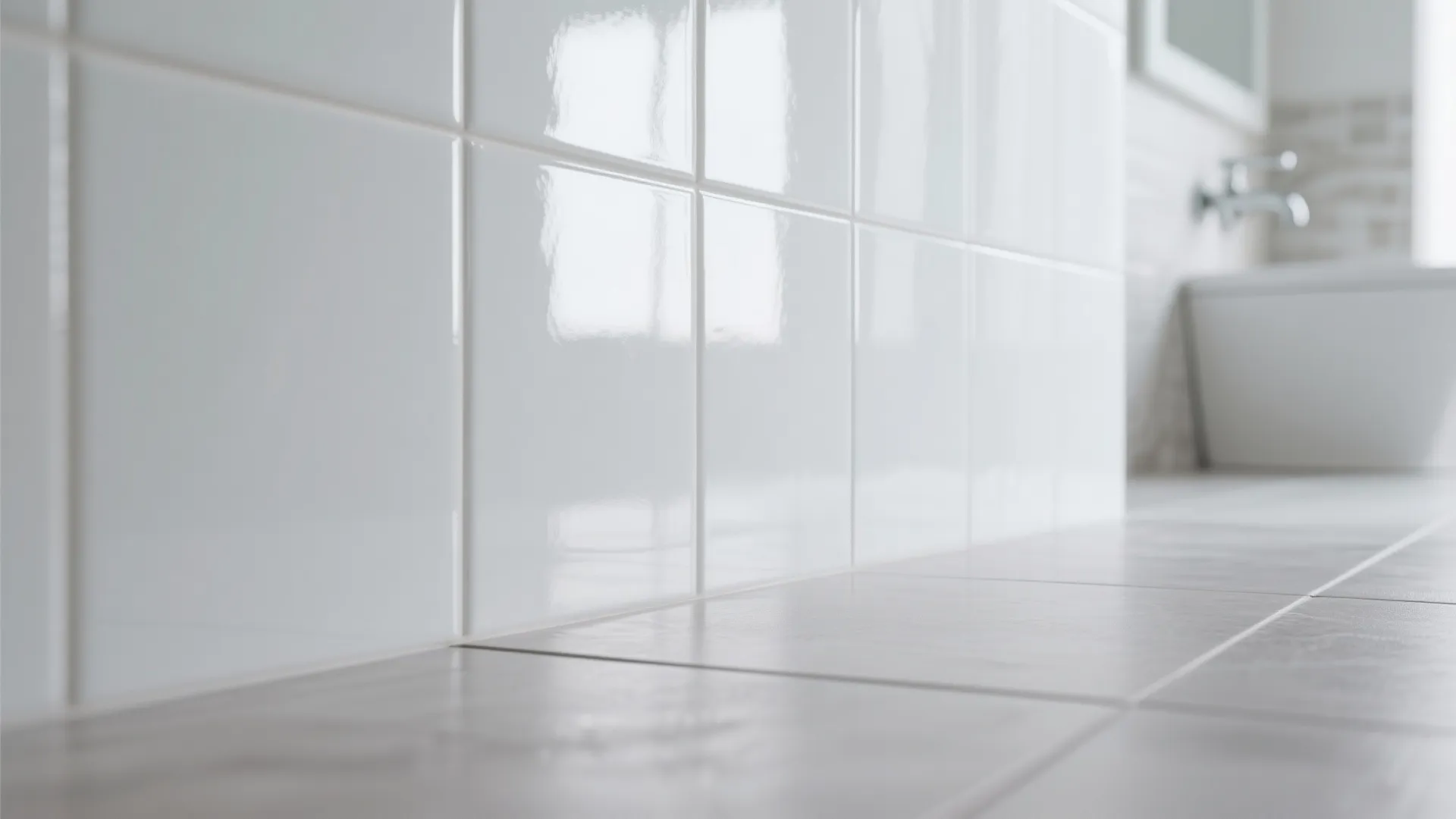 Close up of glossy white wall tiles and matte floor tiles in a bright modern bathroom