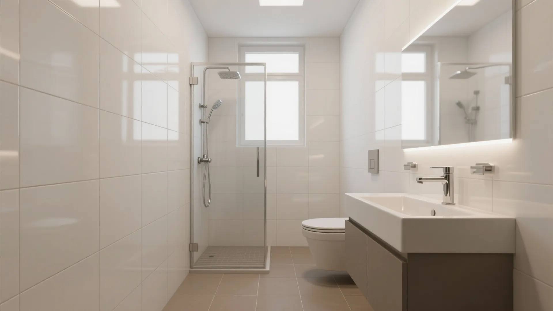 Windowless small bathroom with glossy wall tiles and matte anti-slip floor.