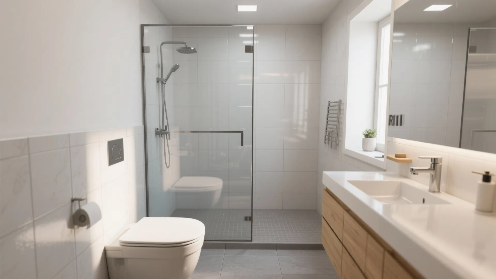 Modern white bathroom with glass shower door wooden vanity white sink toilet and natural light