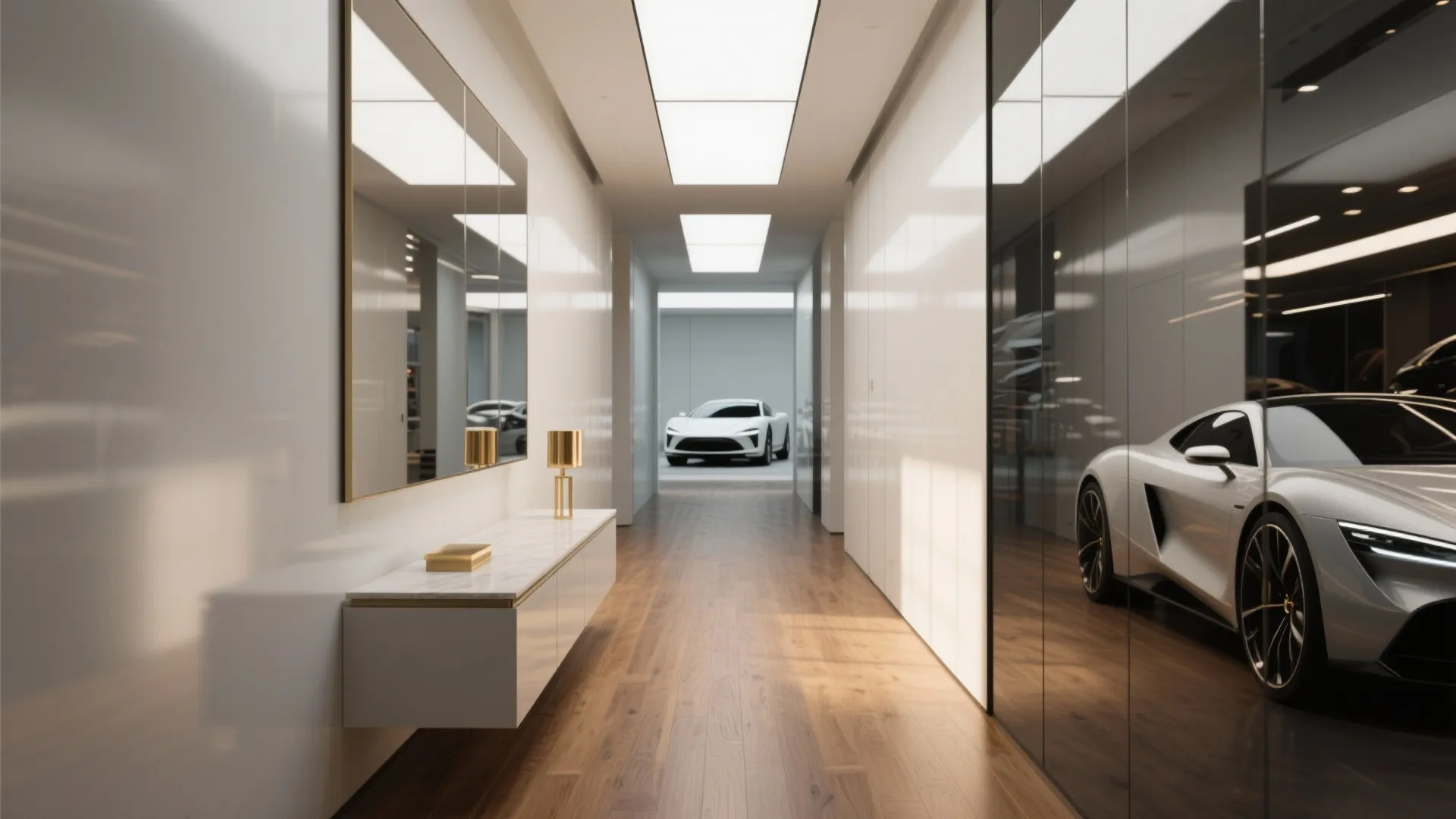 Modern white hallway with wood floor leading to a luxury car showroom with bright lights