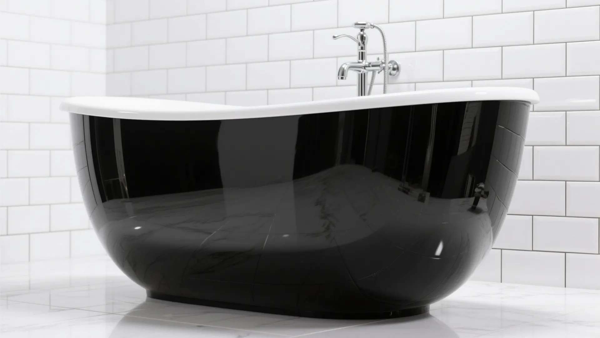 Glossy black bathtub with white rim set against white brick wall and marble tile floor