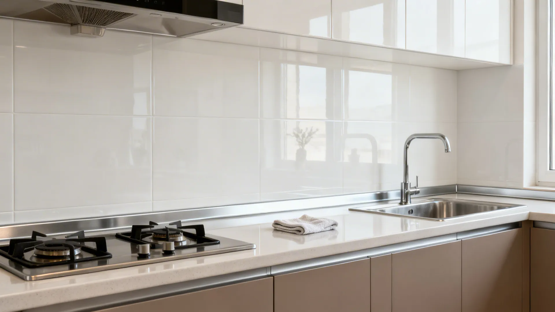 Modern kitchen with glossy white wall tiles stainless steel sink faucet and black gas stove