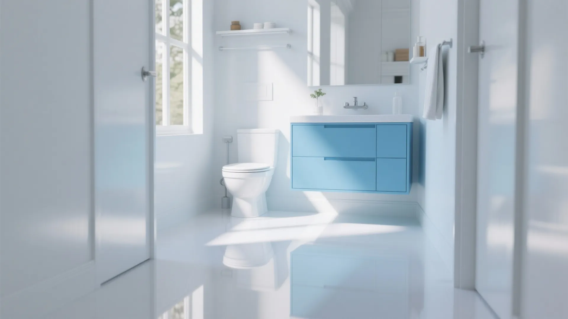 Bright white bathroom with blue cabinet, glossy floor, white toilet, large window and natural sunlight