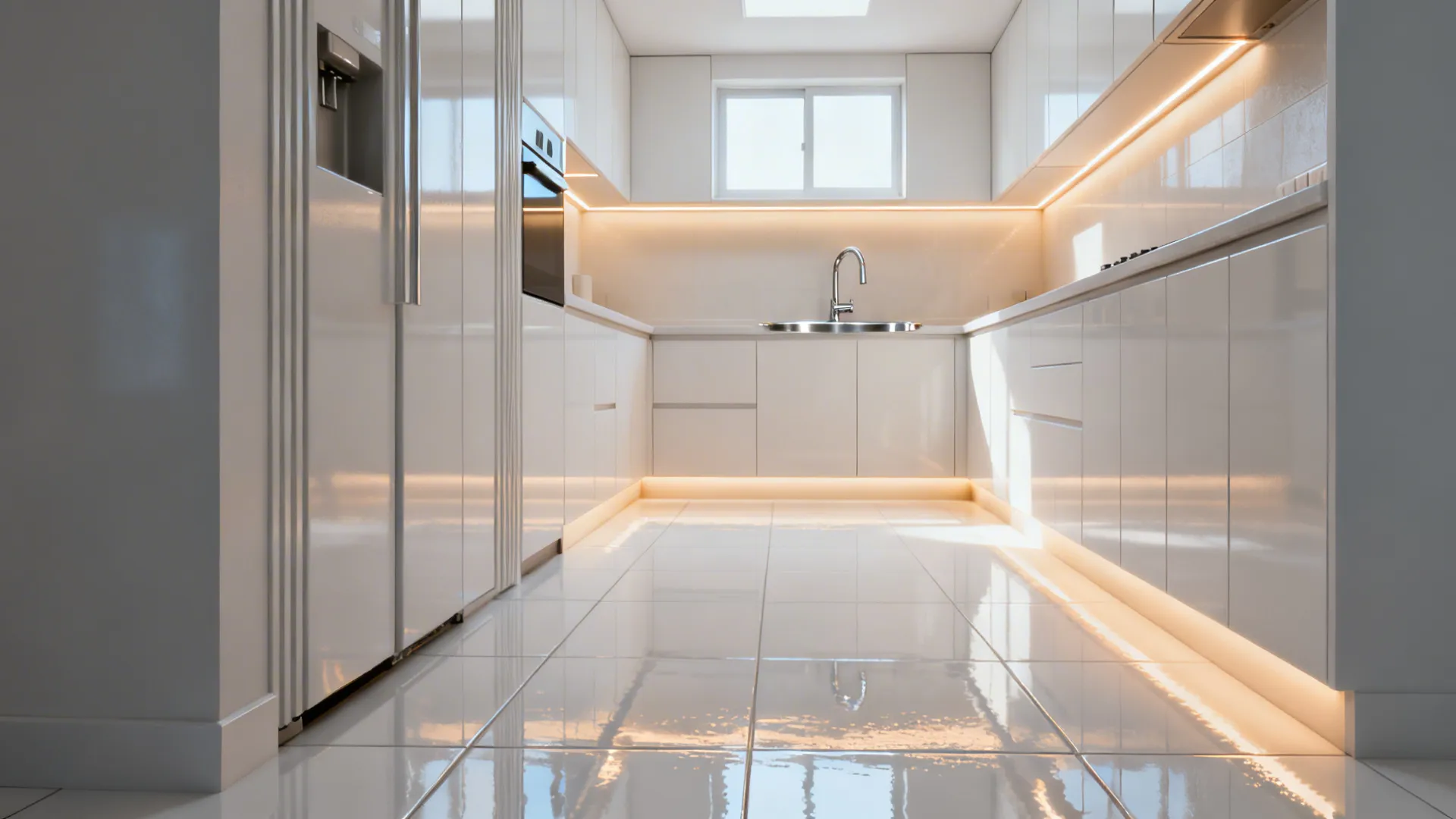 Compact kitchen with glossy white porcelain tiles reflecting light brightly.