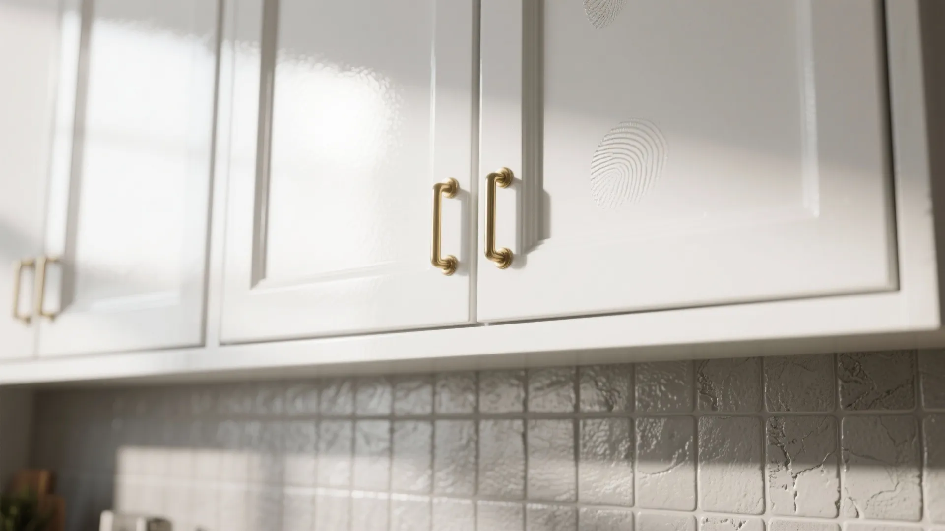 3. Gray Backsplash with Glossy White Cabinets