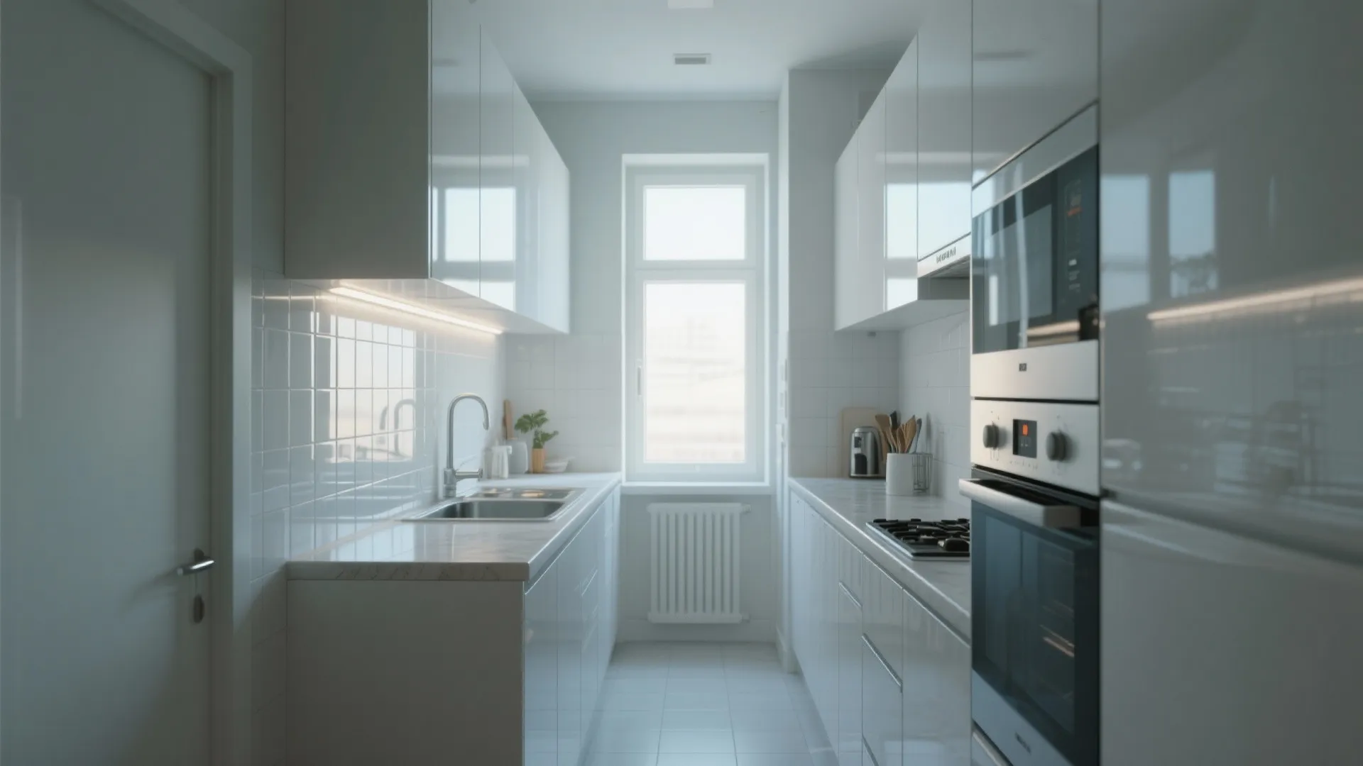 Narrow kitchen using glossy white tiles to reflect light and create a wider, brighter space