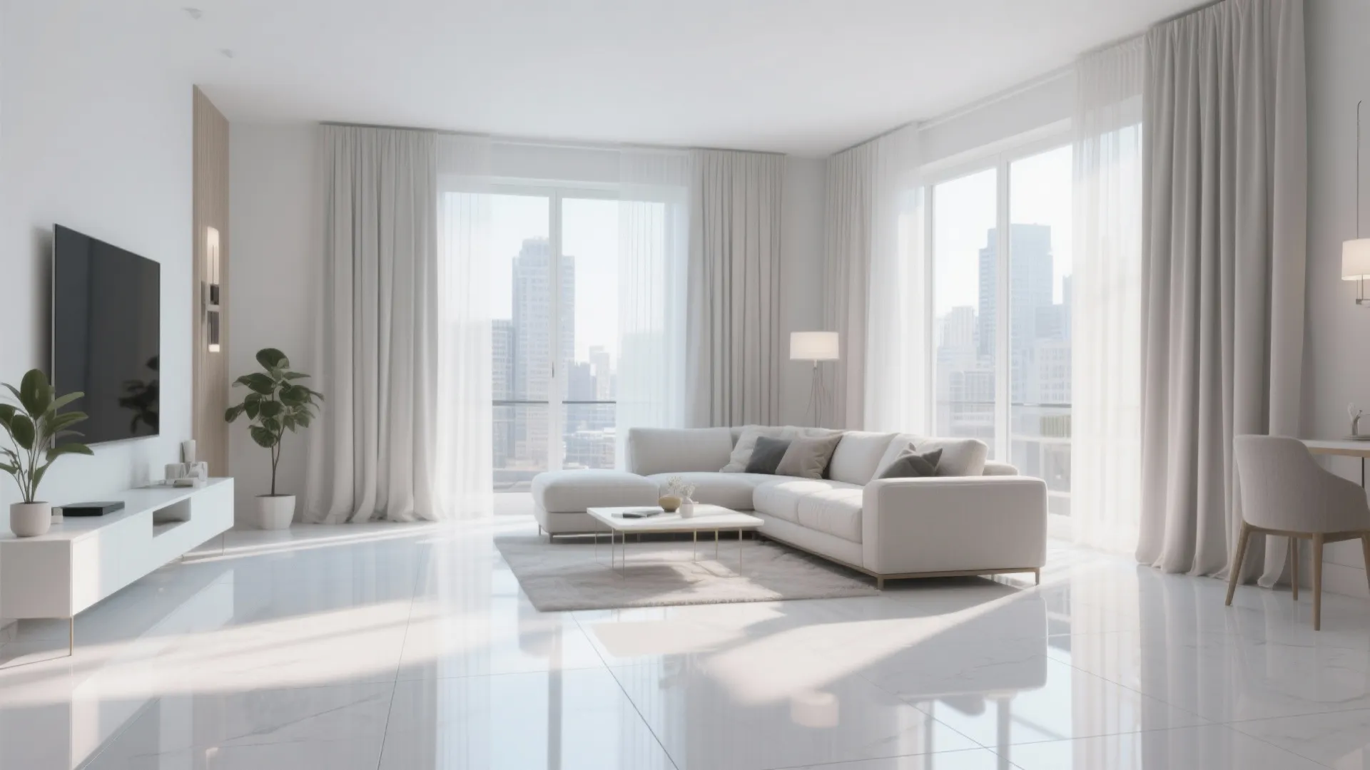 Modern white living room with glossy tile floor large sectional sofa and bright city views