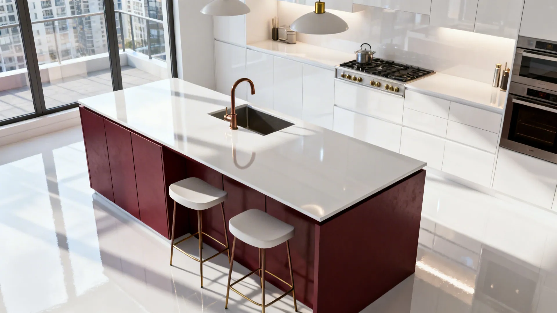 Modern kitchen with glossy white cabinets and a matte burgundy island reflecting soft daylight.