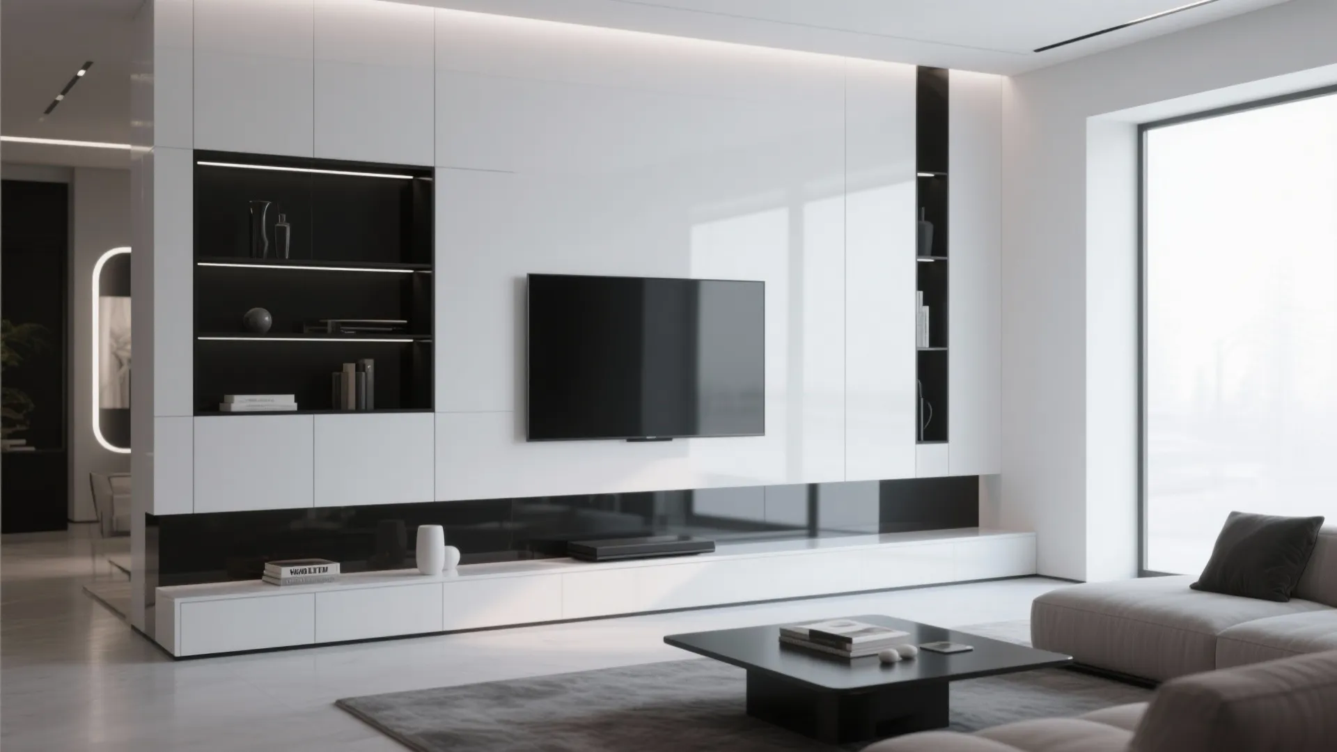 7. Glossy White Media Wall with Black Shelving