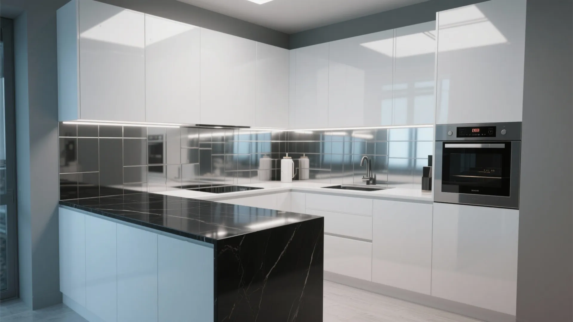 2. High-Gloss White, Satin Black, and Reflective Backsplash