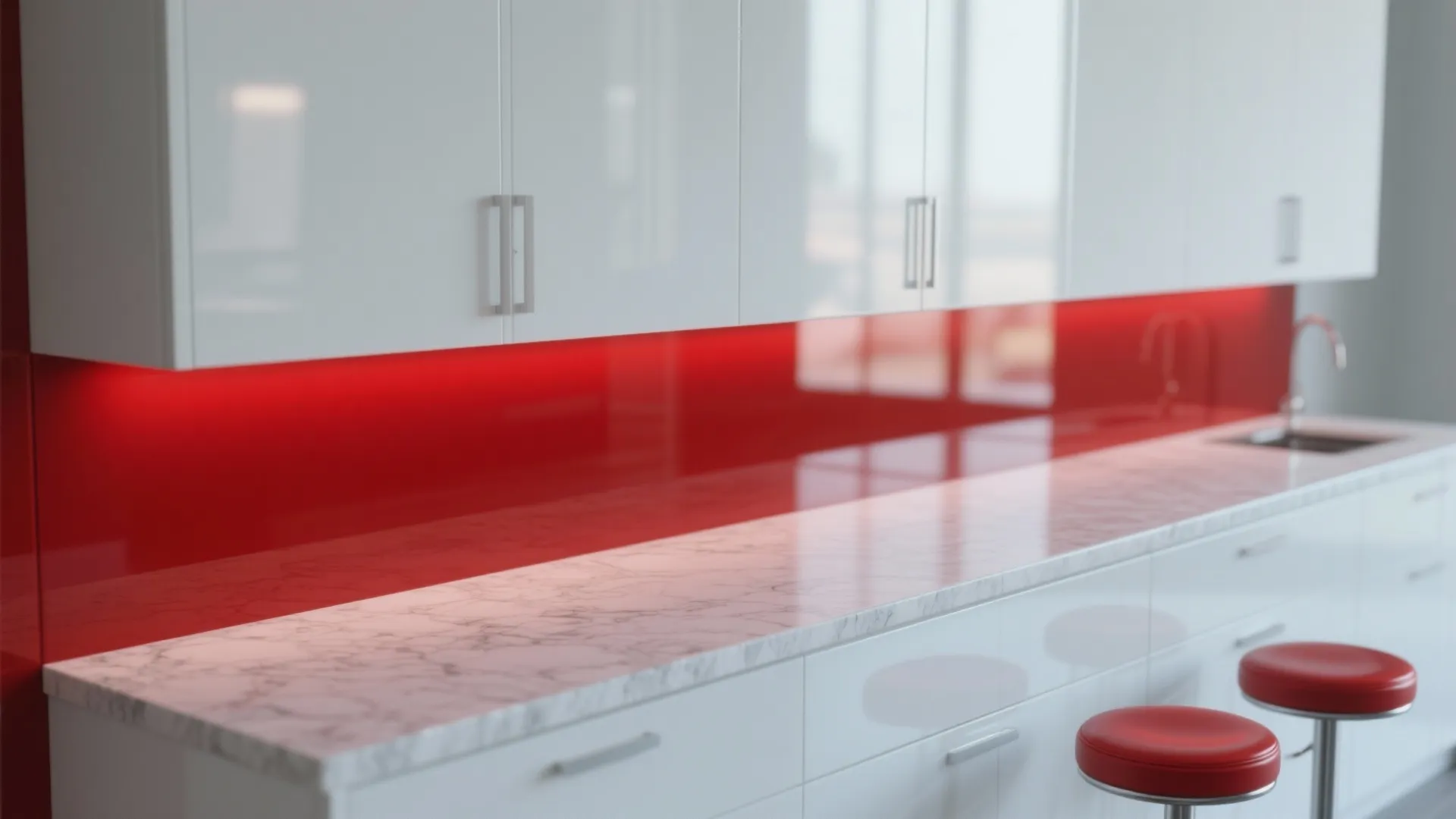 1. Glossy White Surfaces with Red Accents