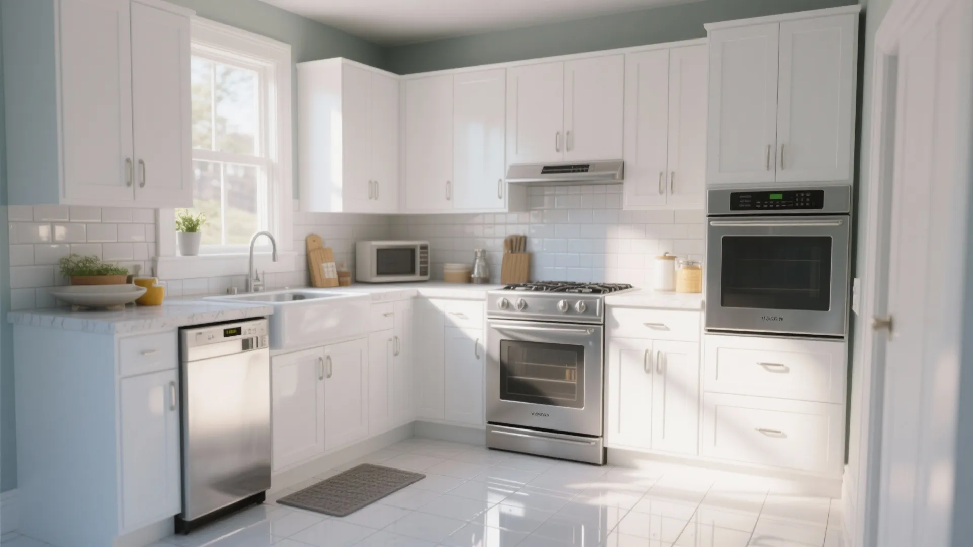 Glossy white subway tile floor in a small kitchen