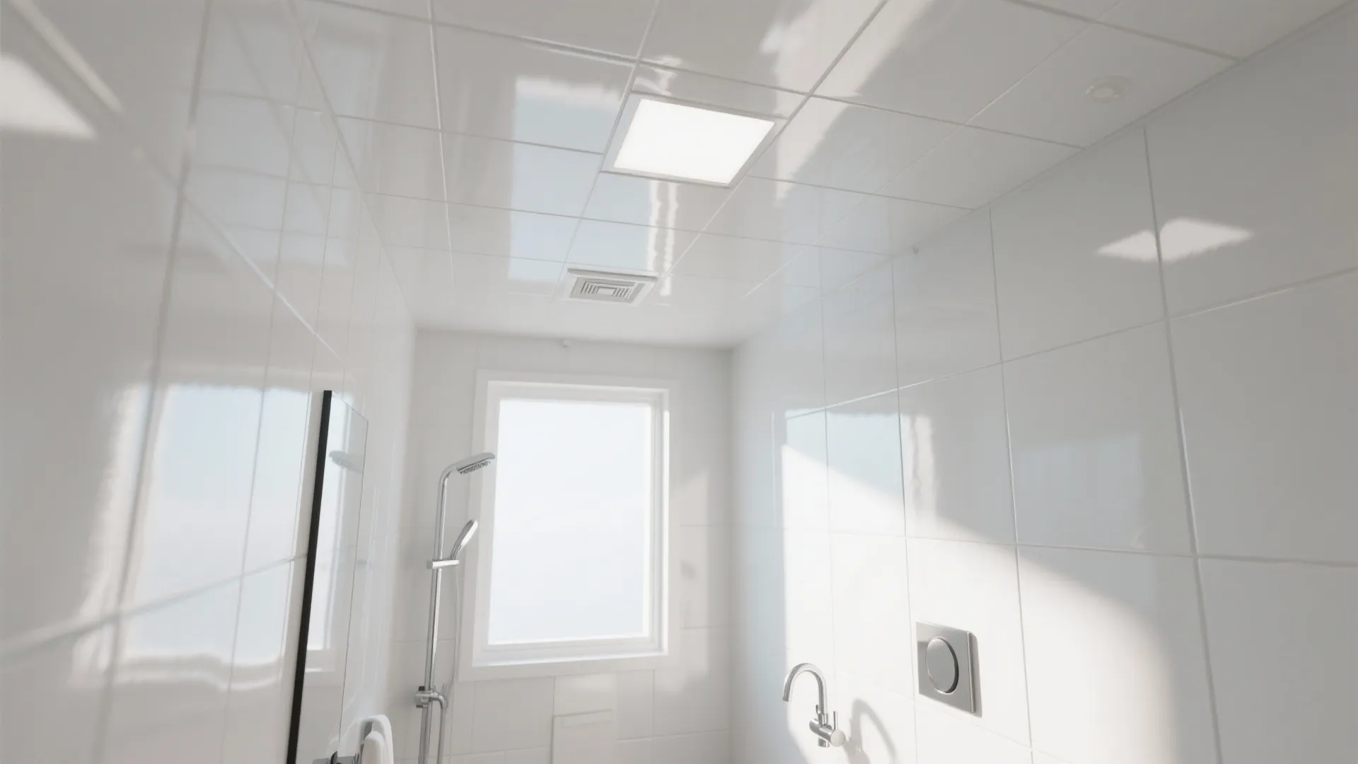 Modern white bathroom with glossy wall tiles a square ceiling light shower head and large window