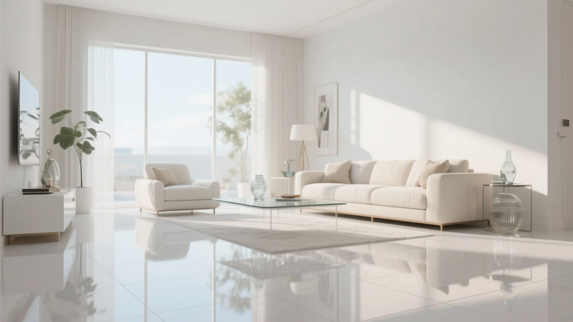 Bright living room with glossy white ceramic tile flooring
