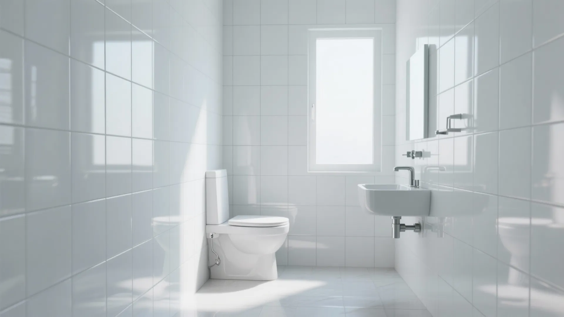 Minimalist white bathroom with glossy square wall tiles window toilet sink and bright natural light