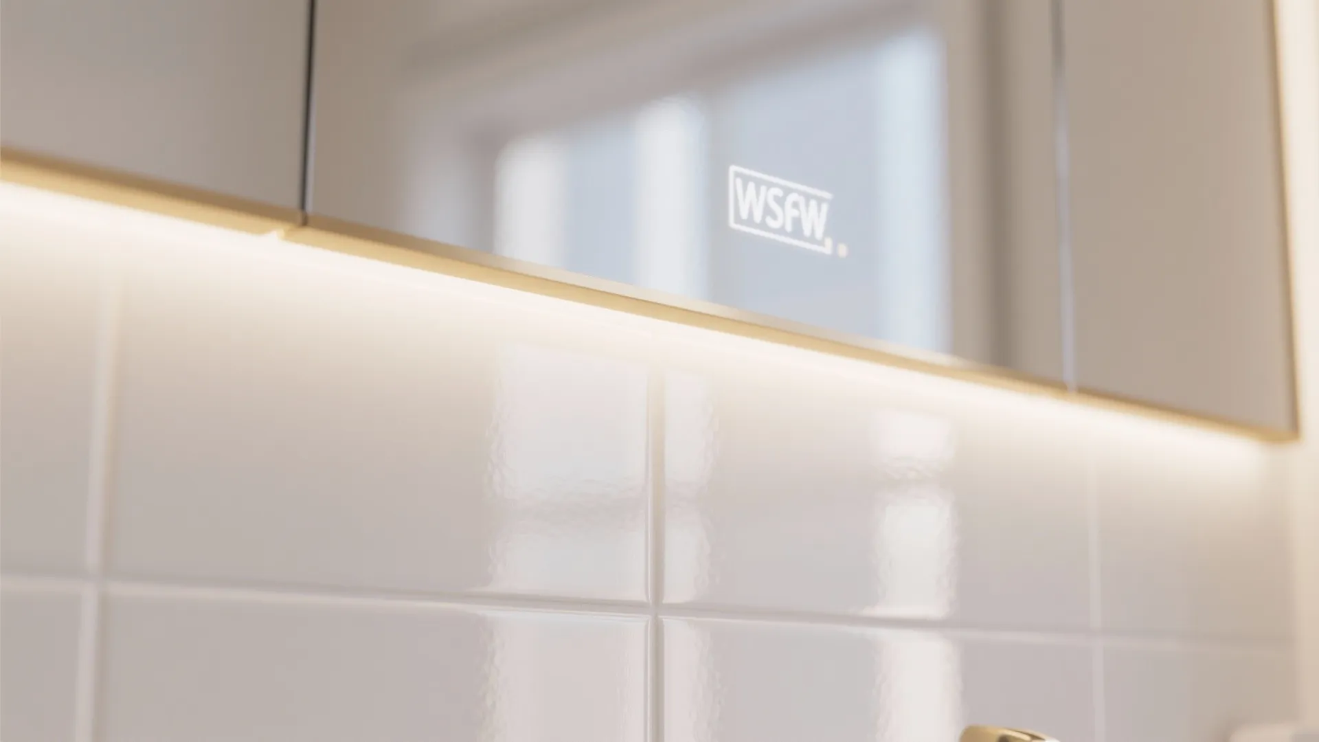 Glossy white bathroom wall tiles under a mirror cabinet with warm integrated light fixture strips