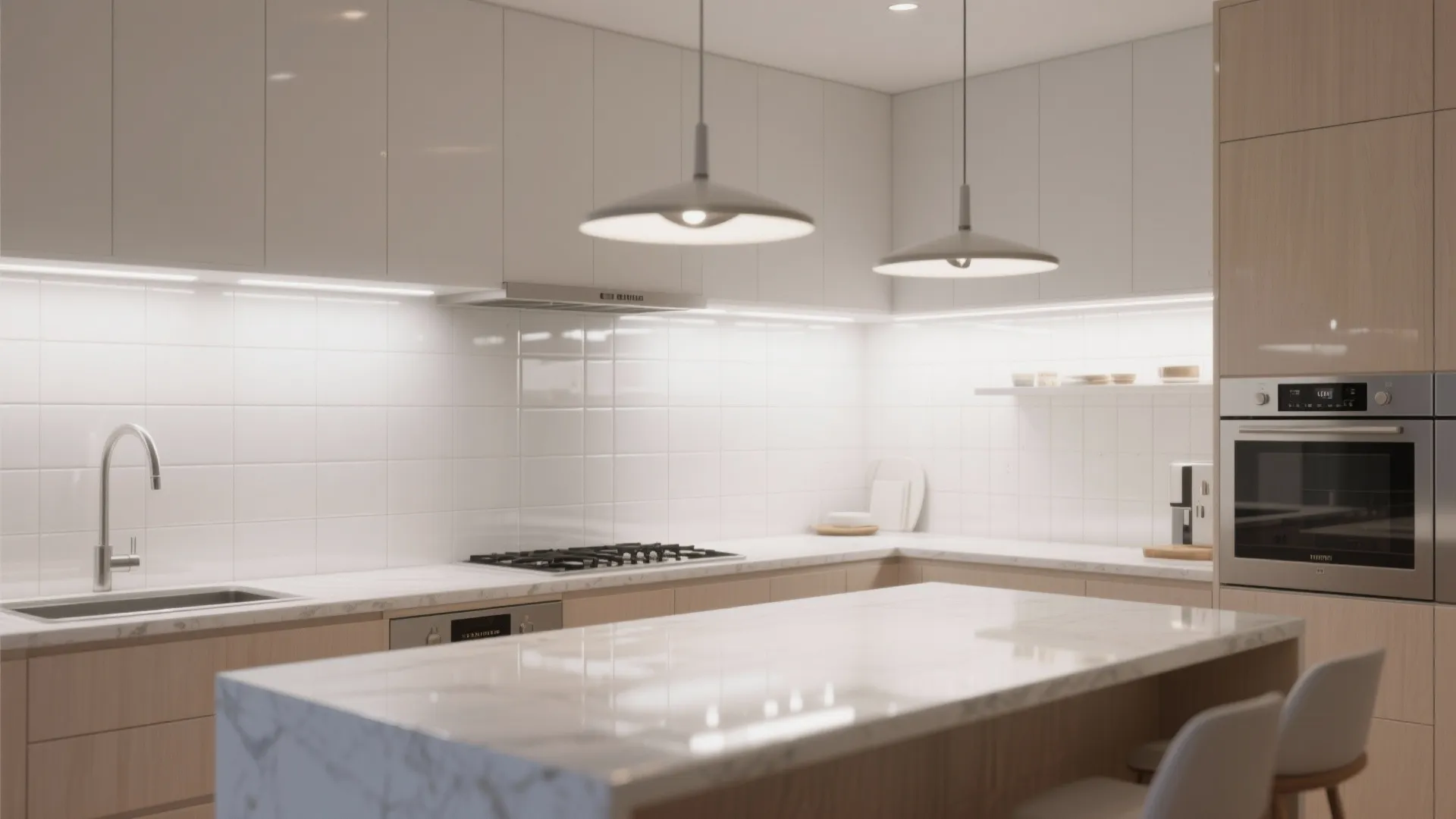 5. Glossy White Tiles with Reflective Finish