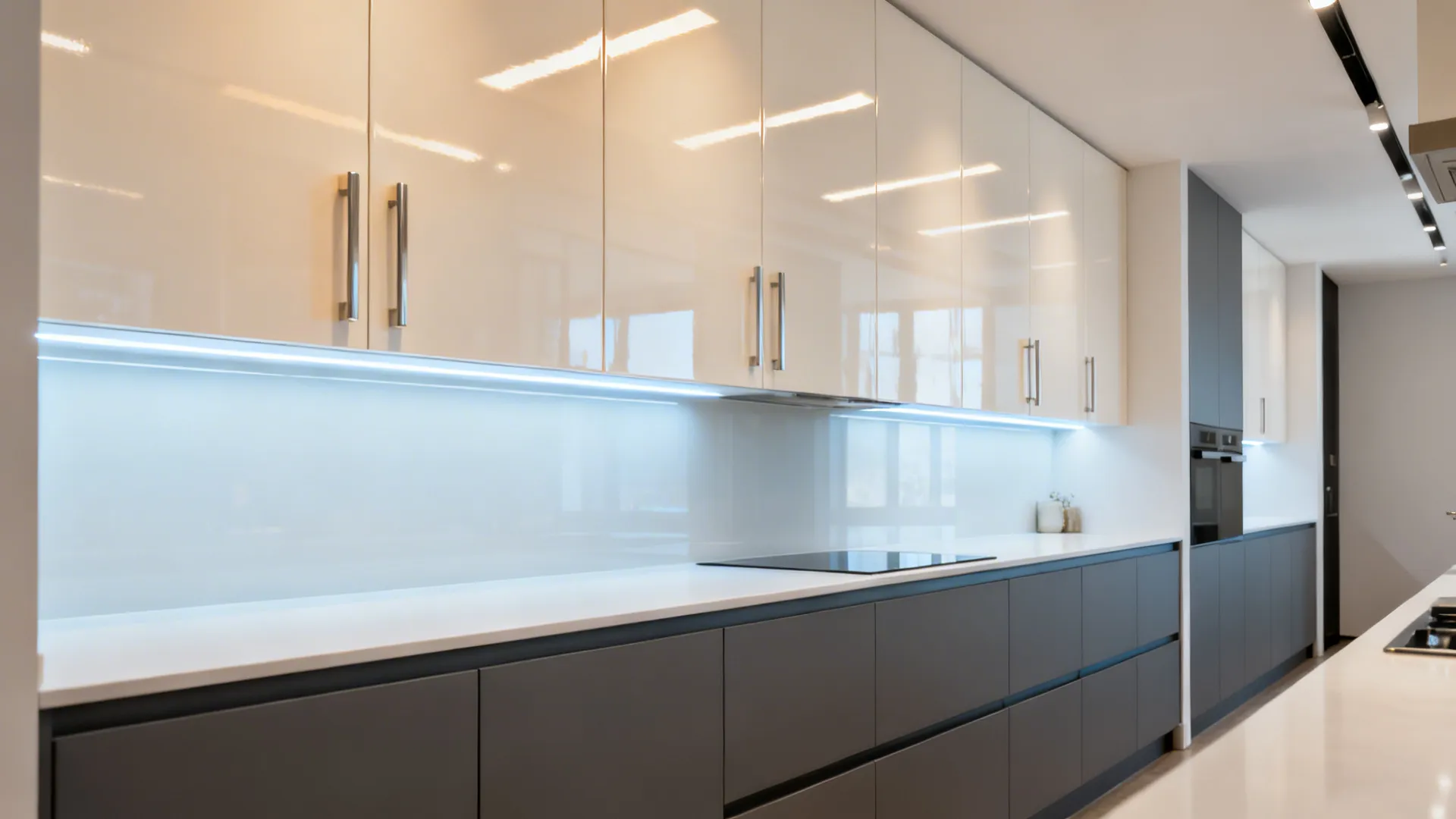 Glossy white kitchen cabinets with silver handles under cabinet light strip and dark gray units