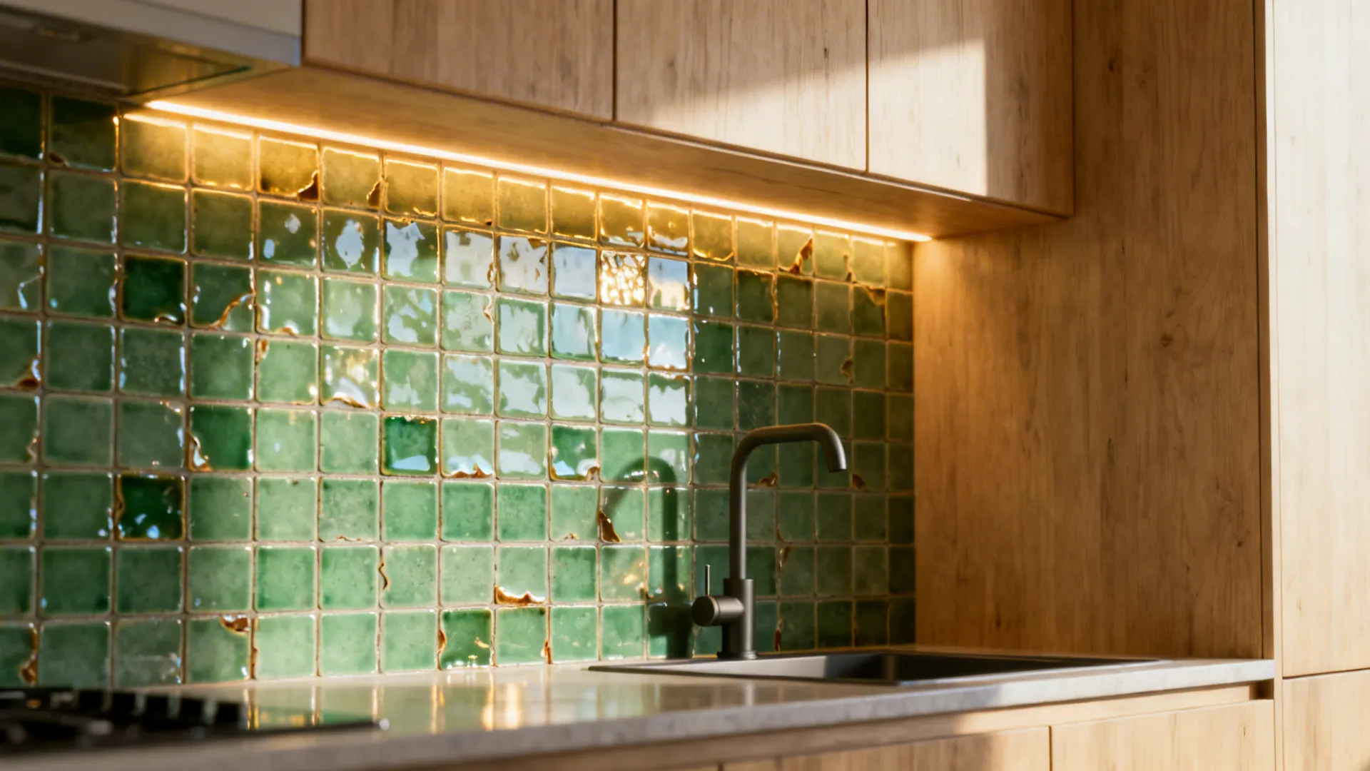 Sea-salt green glossy zellige backsplash reflecting warm LED light in a small kitchenette.