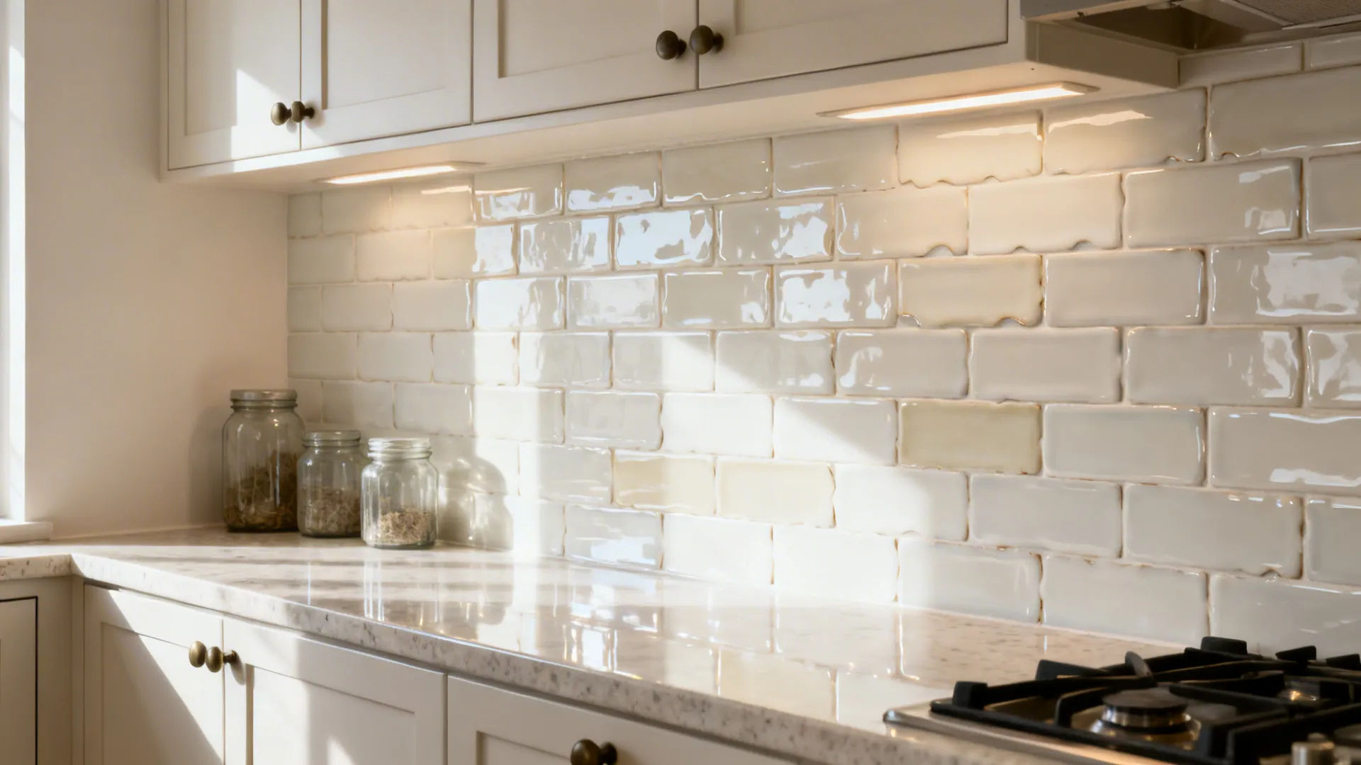 White glossy wall tiles in kitchen with marble countertop under cabinets and glass storage containers